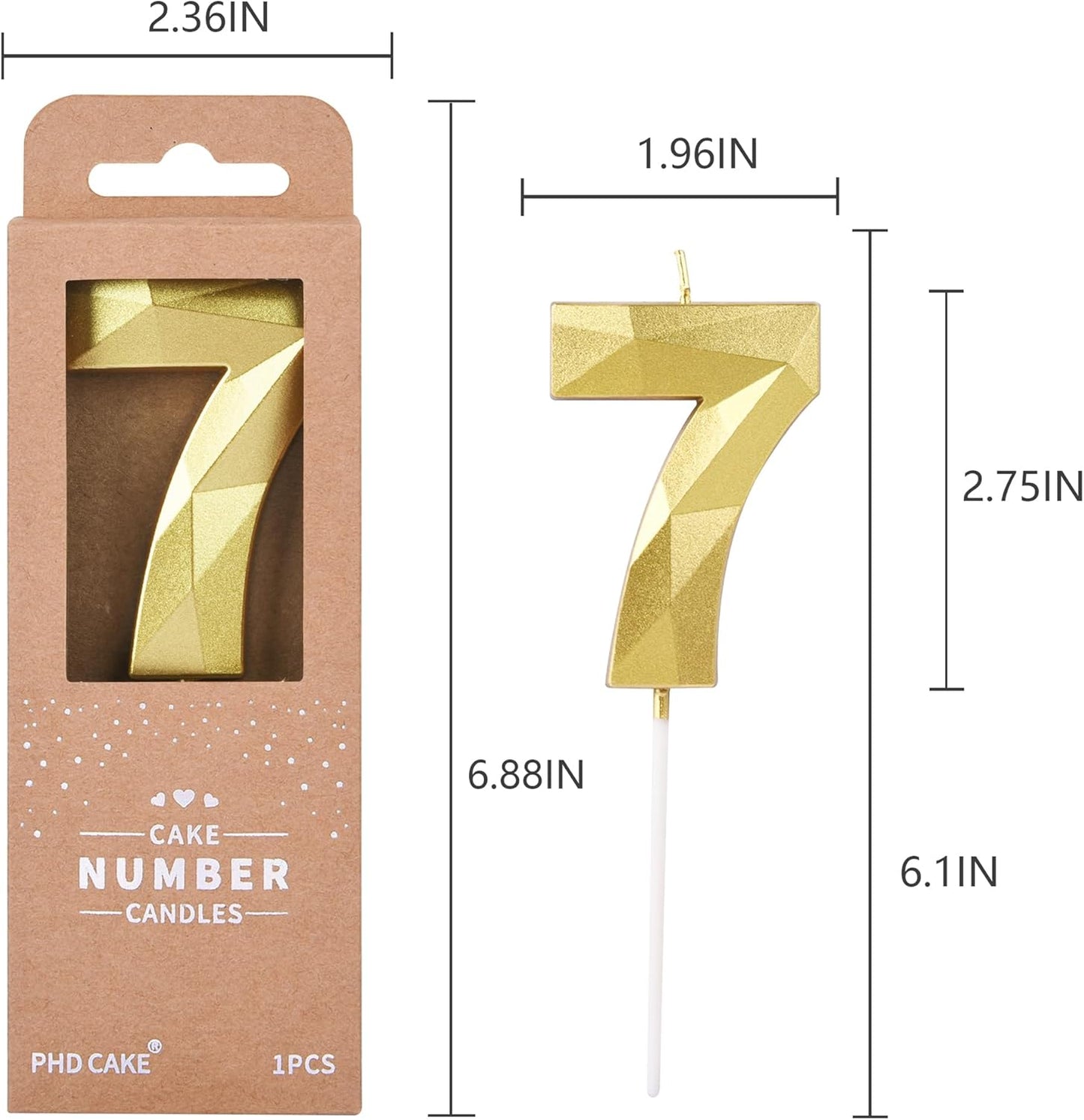 PHD CAKE 2.76 Inch Crystal Gold 7 Number Birthday Candles, Gold Number Candles, Cake Number Candles, Party Celebration