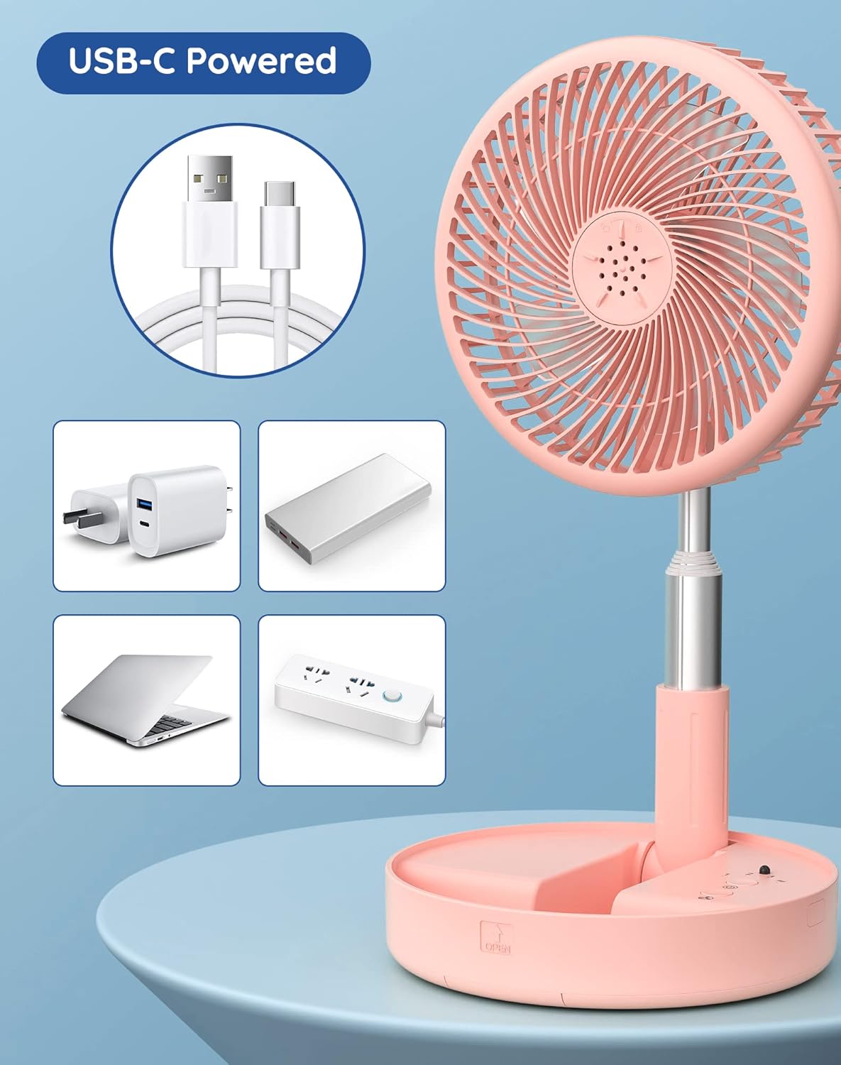 Primevolve Battery Operated Fan,Portable Rechargeable USB Floor Table Desk Fan with Adjustable Height,4 Speed Settings Pedestal Fan for Bedroom Camping Travel,Pink 7.7"