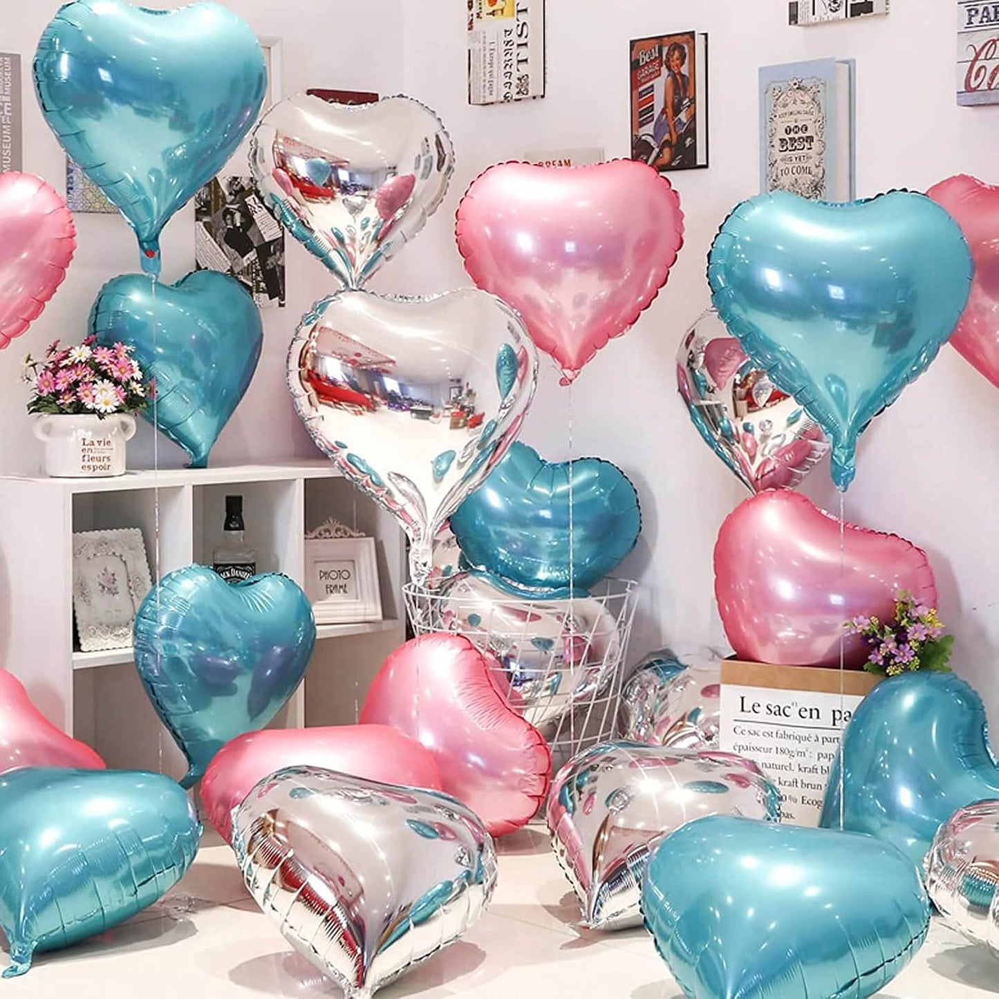 10Pcs Pearl Pink Foil Heart Shaped Balloons 18 Inch Mylar for Baby Shower, Wedding, Valentine Decorations - Love Party Supplies