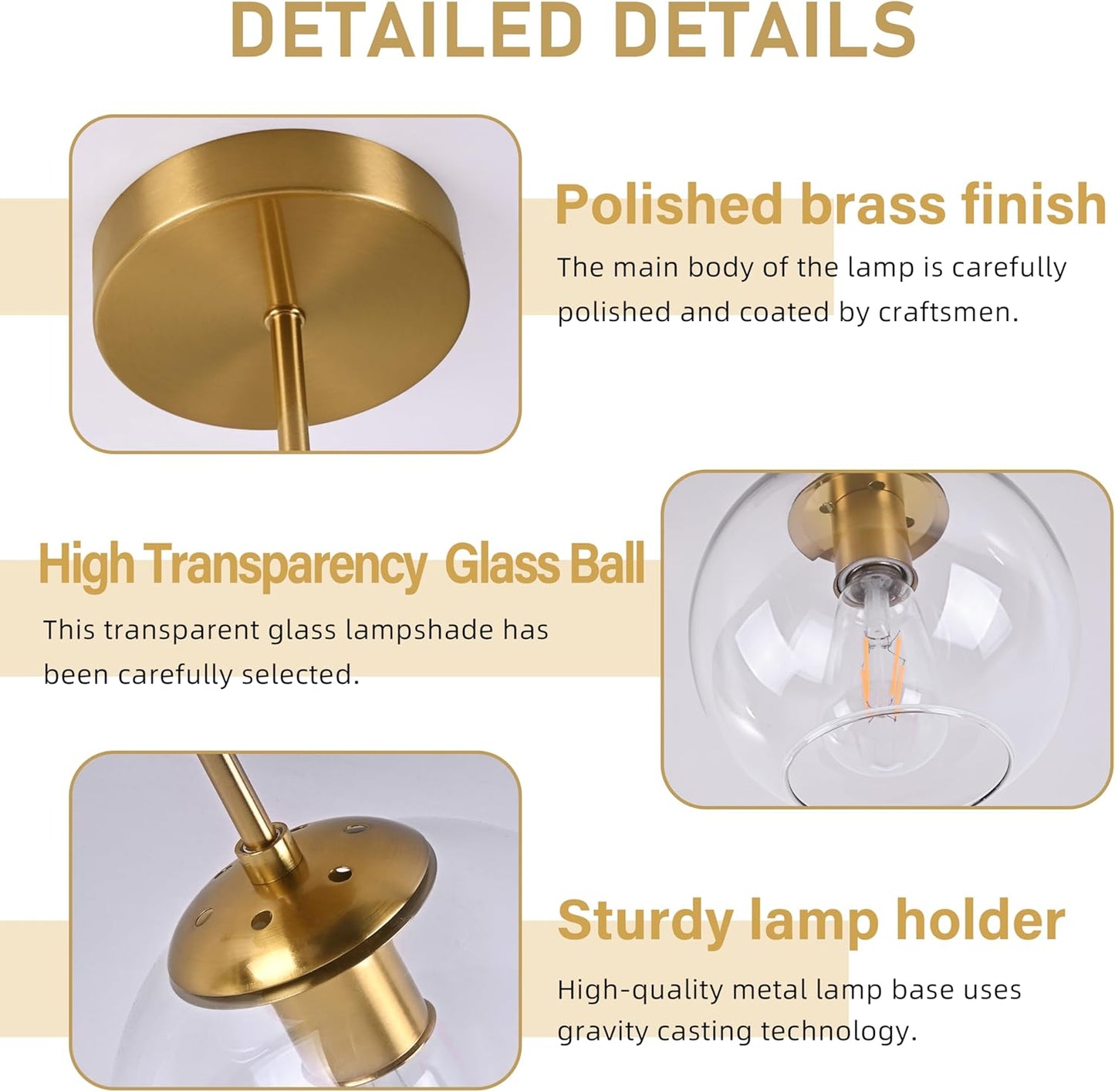 Gold Semi Flush Mount Ceiling Light Fixture with Clear Glass Light Fixture Mid Century Light Fixtures Gold Semi Flush Ceiling Light Fixtures for Dining Room Kitchen Island (Bulb Incl)