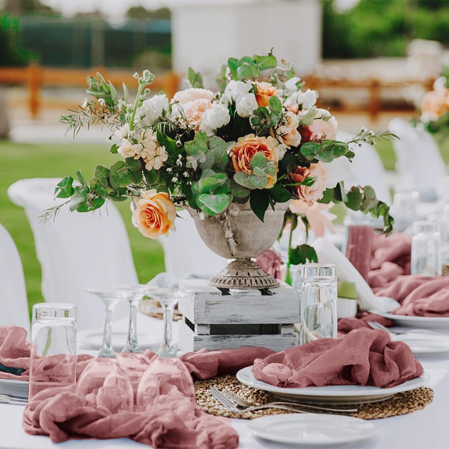 Hahuho Dusty Pink Cheesecloth Table Runner 10ft, Gauze Boho Rustic Table Runners for Wedding Birthday Party Baby Shower Decorations(1 Pack , 35x120 Inches)