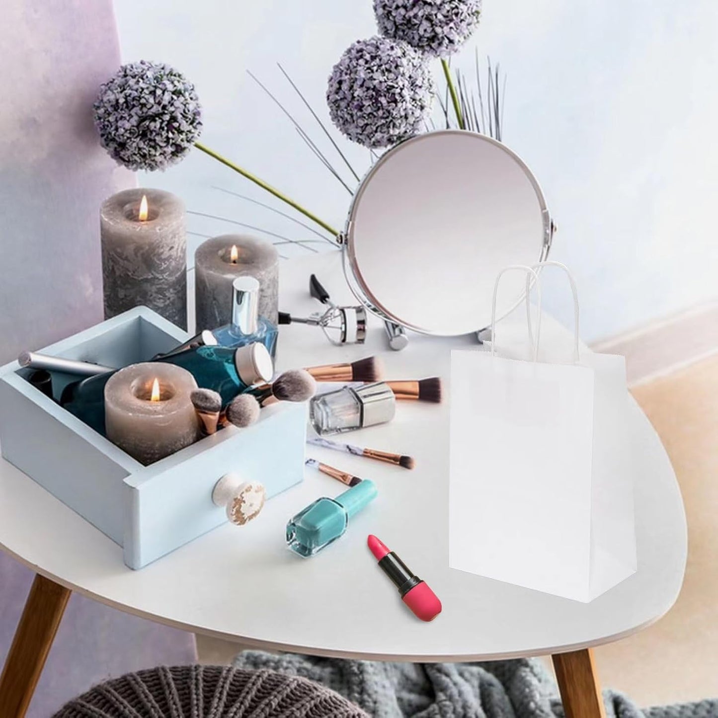 Joybe 50 Pack 6x3.25x8 Inch Small White Paper Bags with Handles Bulk, Kraft Paper Gift Bags for Birthday Party Favors Grocery Retail Shopping Business Goody Merchandise Craft Blank Sacks (50pcs)