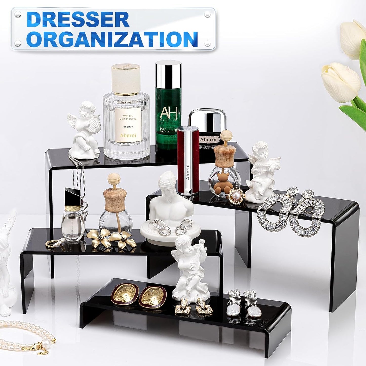 Aheroi Acrylic Risers, 8 Pcs 2 Set(7”L~8”L~9”L) Display Risers, Black Arylic Display Stands Acrylic Shelf Riser, Display Holders for Vendor Events, Cupcake Stands, Toys Display Clear Shelves