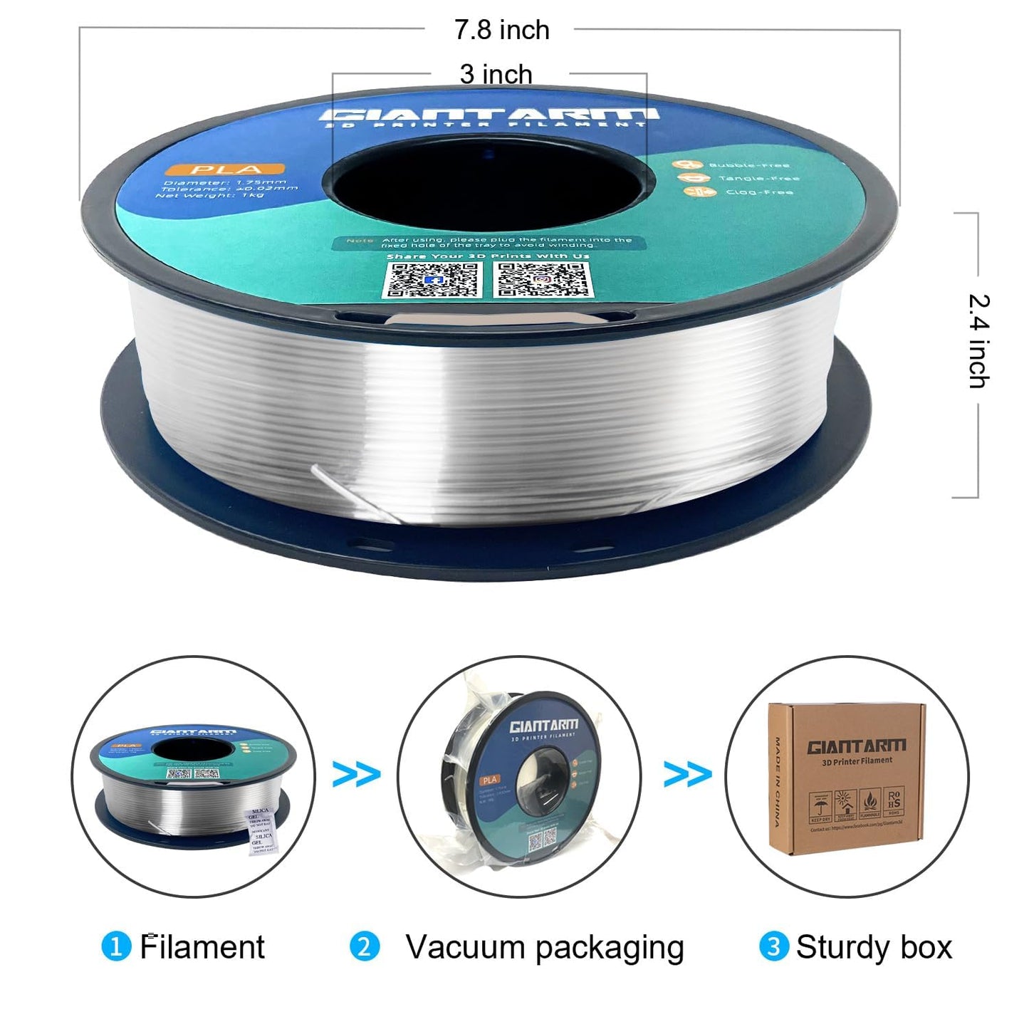 GIANTARM Clear PLA Filament, 1.75mm Transparent PLA 1kg Spool (2.2lbs), 3D Printer Filament with Vacuum Packaging