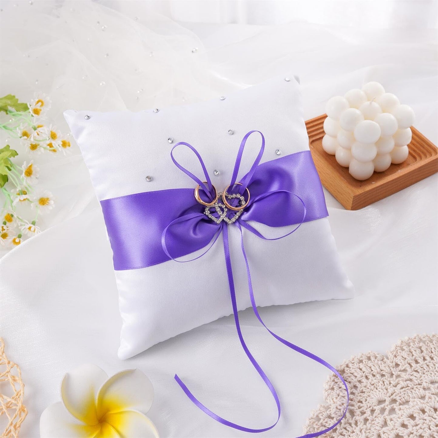 QIRMIZI Ring Pillow,Pearls Ring Cushion, Ring Bearer, Ring Holder for Beach Wedding, Wedding Ceremony, Proposal,Purple