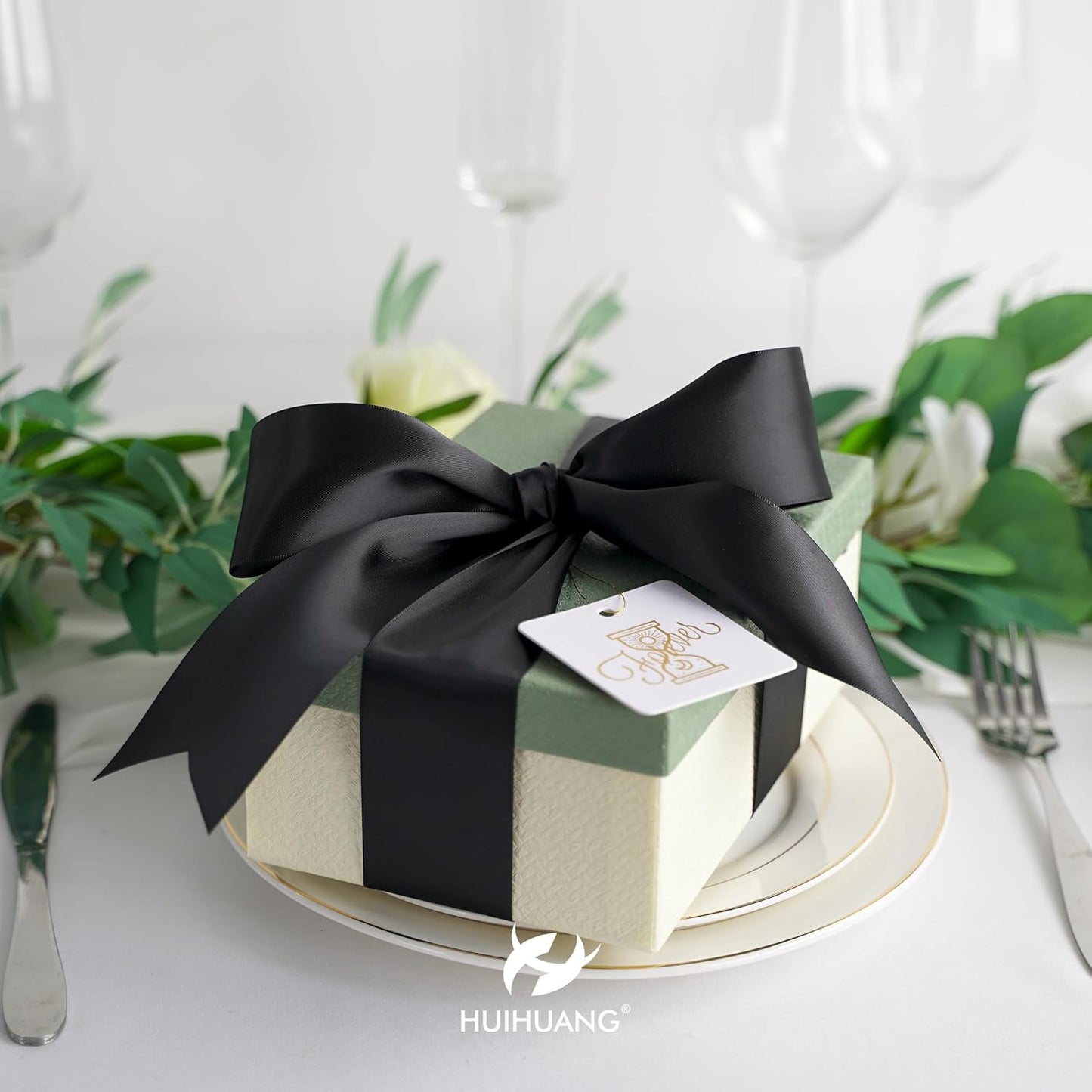 HUIHUANG 1-1/2 inch Double Face Satin Ribbon, Polyester Satin Black Ribbon 50 Yards Per Roll for Gift Wrapping Bows Making Floral Bouquet Wedding Decor Baby Shower Party Favor and Craft Supplies