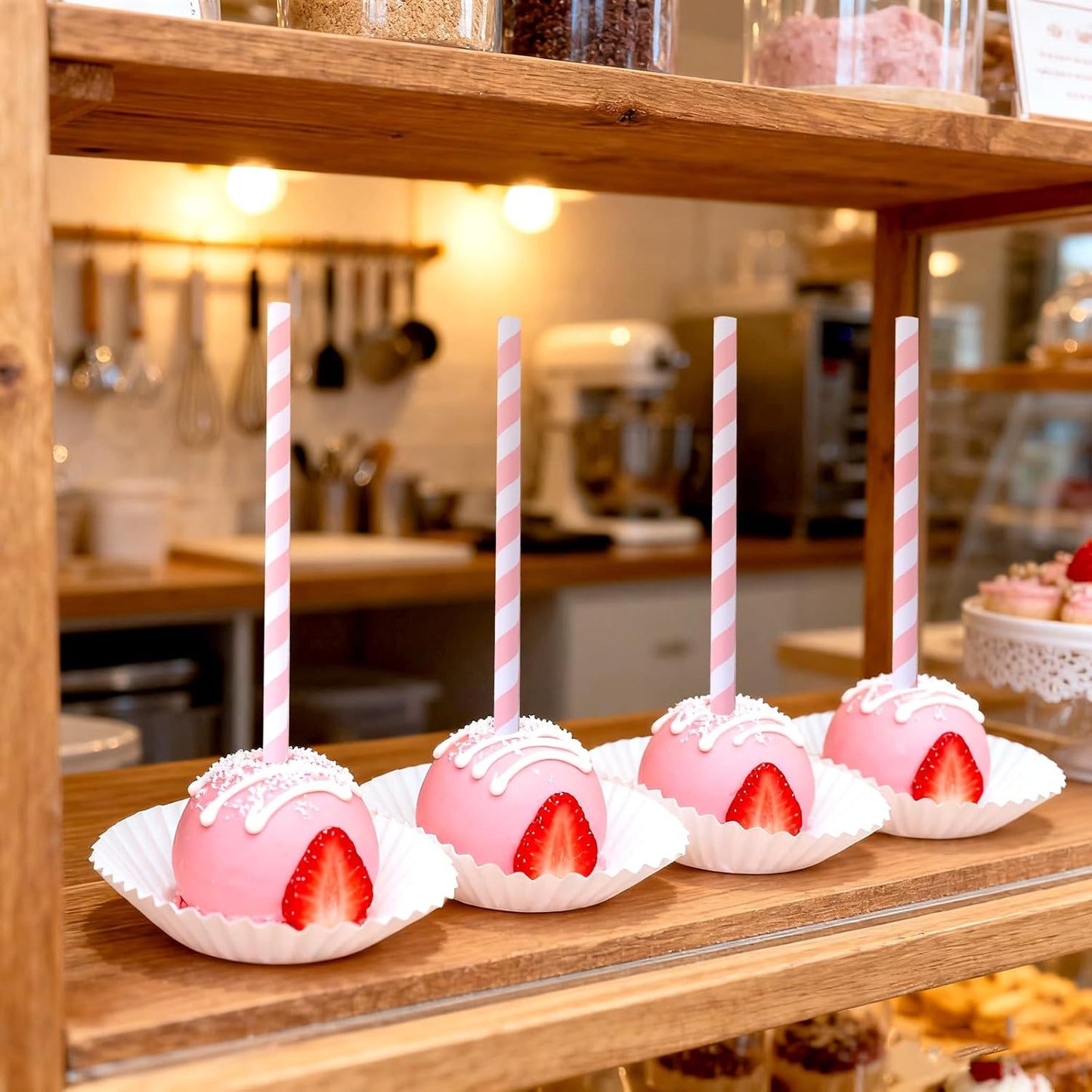 Disposable Pink Paper Straws - 7.75 inch Cute Pink White Striped Drinking Straws 100 Counts for Cocktail, Bridal Shower, Birthday, Party