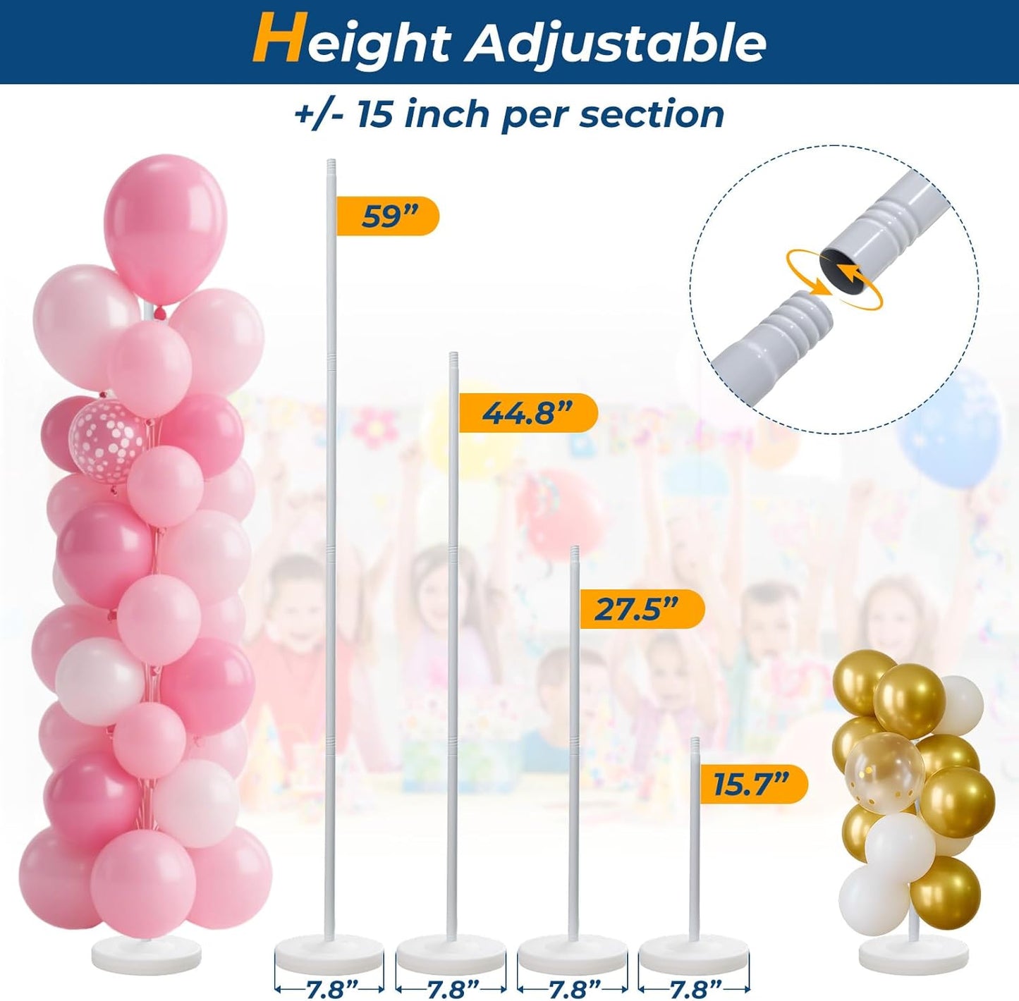 Balloon Stands for Floor Set of 2, Height Adjustable Splicing Metal Pole Balloon Column Stand for Birthday,Christmas,Halloween,Party,Events,Opening,Mall,Welcome Decorations, 1.3-5FT Tall, White