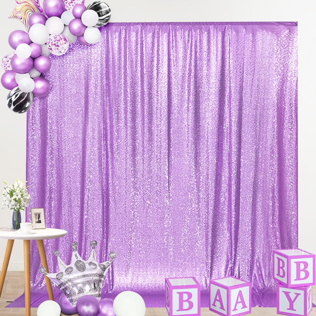 SquarePie Sequin Backdrop Curtain Not See Through Thick Glitter Background for Party 10FT x 10FT Lavender