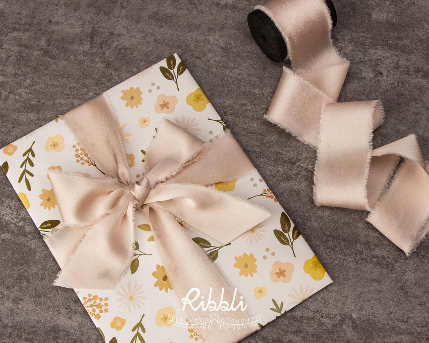 Ribbli Light Champagne Silk Satin Ribbon 1.5 Inch x 12 Yard Handmade Frayed Chiffon Ribbon with Wooden Spool for Gift Wrapping, Wedding Invitations, Bridal Bouquets, Home Decor