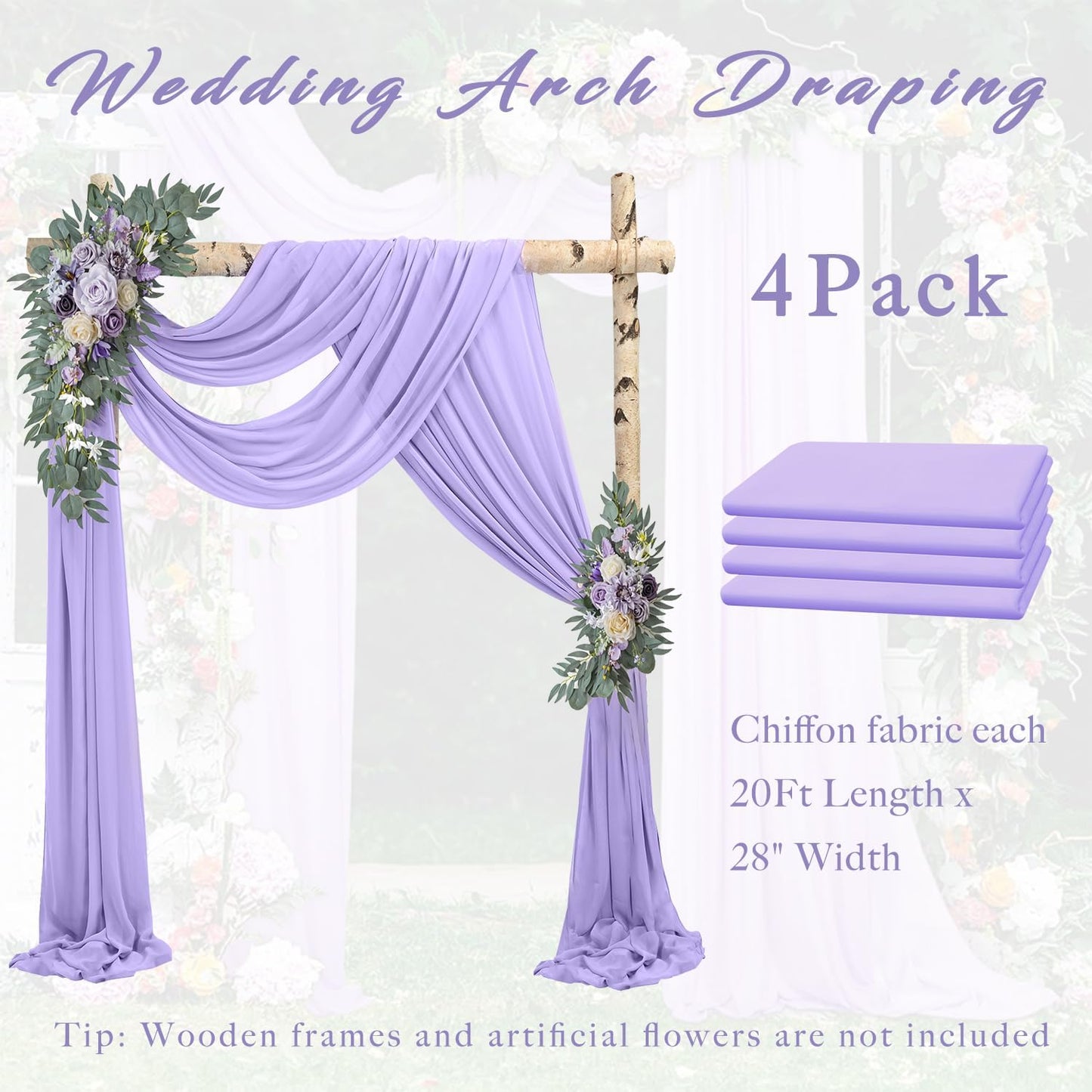 Wedding Arch Draping Fabric 4 Panels 20Ft Length x 28" Width Lilac Arch Drapes Chiffon Fabric Sheer Curtains Backdrop for Party Ceremony Wedding Ceiling Outdoor Indoor Stage Reception Decorations
