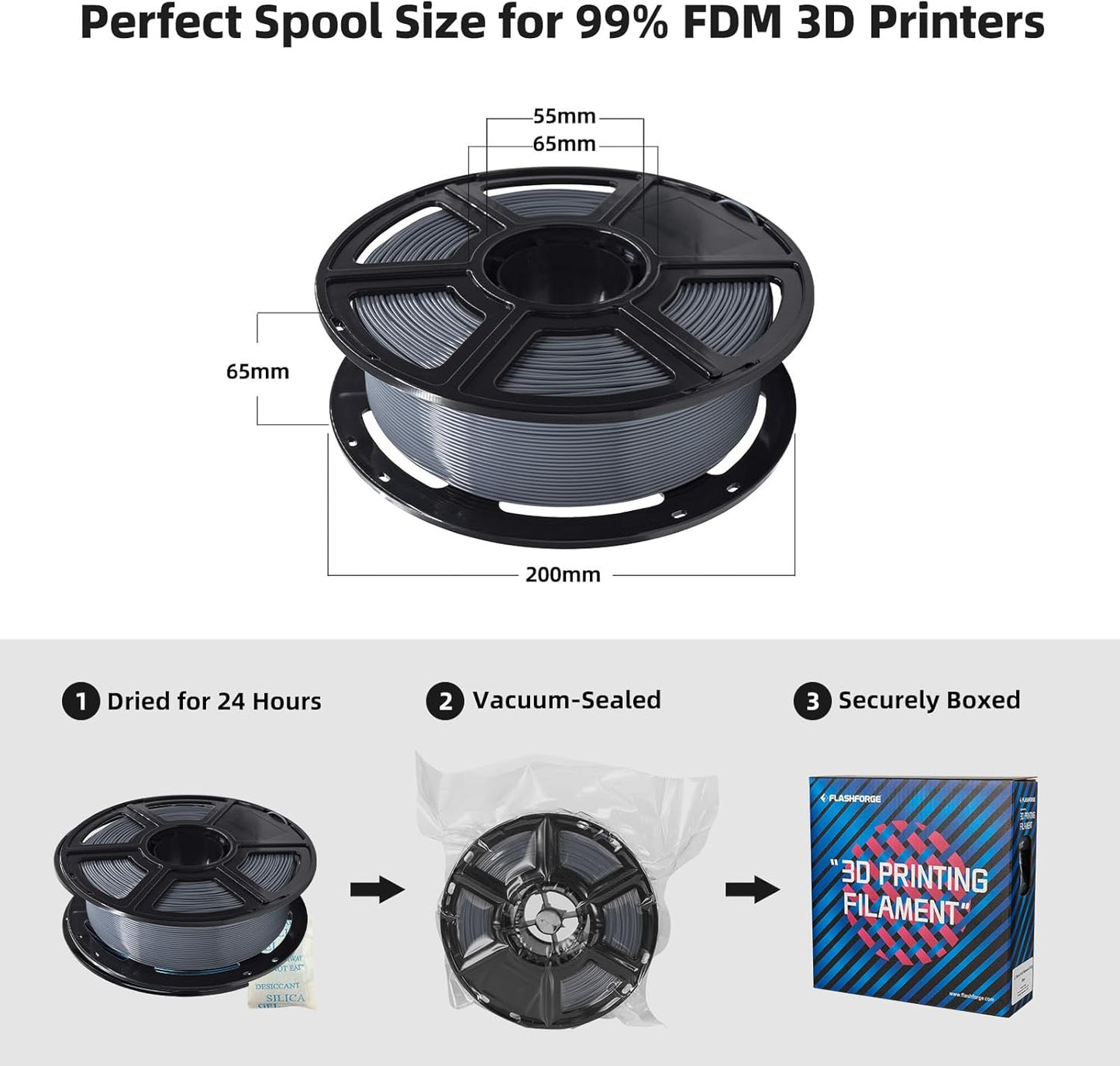 FLASHFORGE PLA Filament 1.75mm, 3D Printer Filament 1kg (2.2lbs) Spool, Dimensional Accuracy +/- 0.02mm, 3D Printing Filament Easy to Use and Fits for Most FDM 3D Printers (Grey)