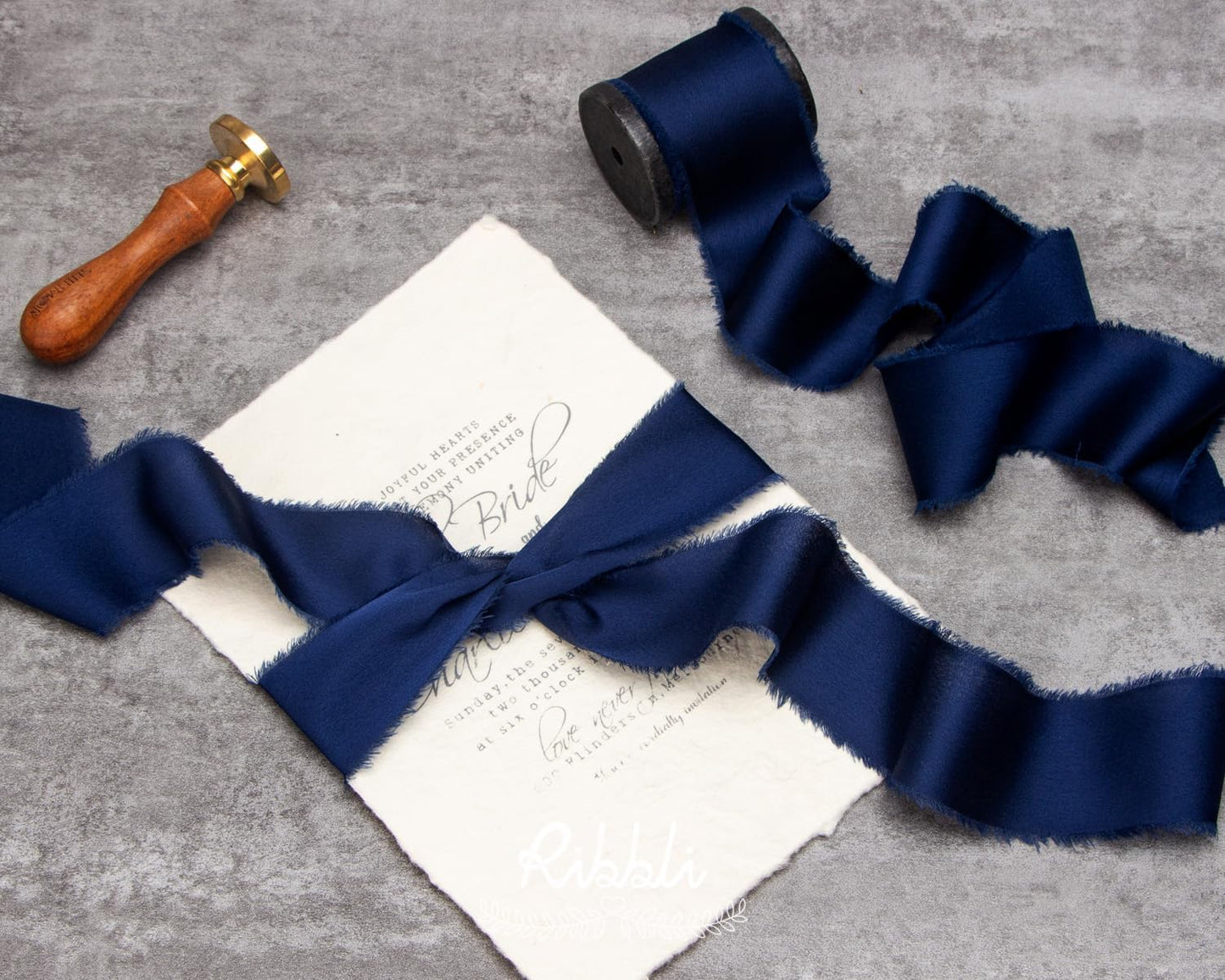 Ribbli Navy Blue Silk Satin Ribbon 1.5 Inch x 12 Yard Handmade Frayed Chiffon Ribbon with Wooden Spool for Gift Wrapping Wedding Invitations Bridal Bouquets Home Decor