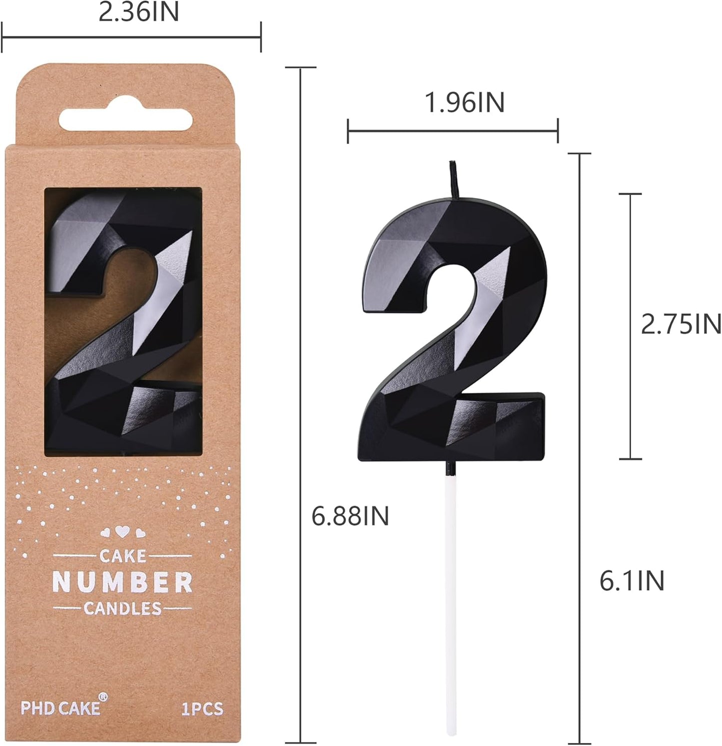 PHD CAKE 2.76 Inch Crystal Black 2 Number Birthday Candles, Black Number Candles, Cake Number Candles, Party Celebration