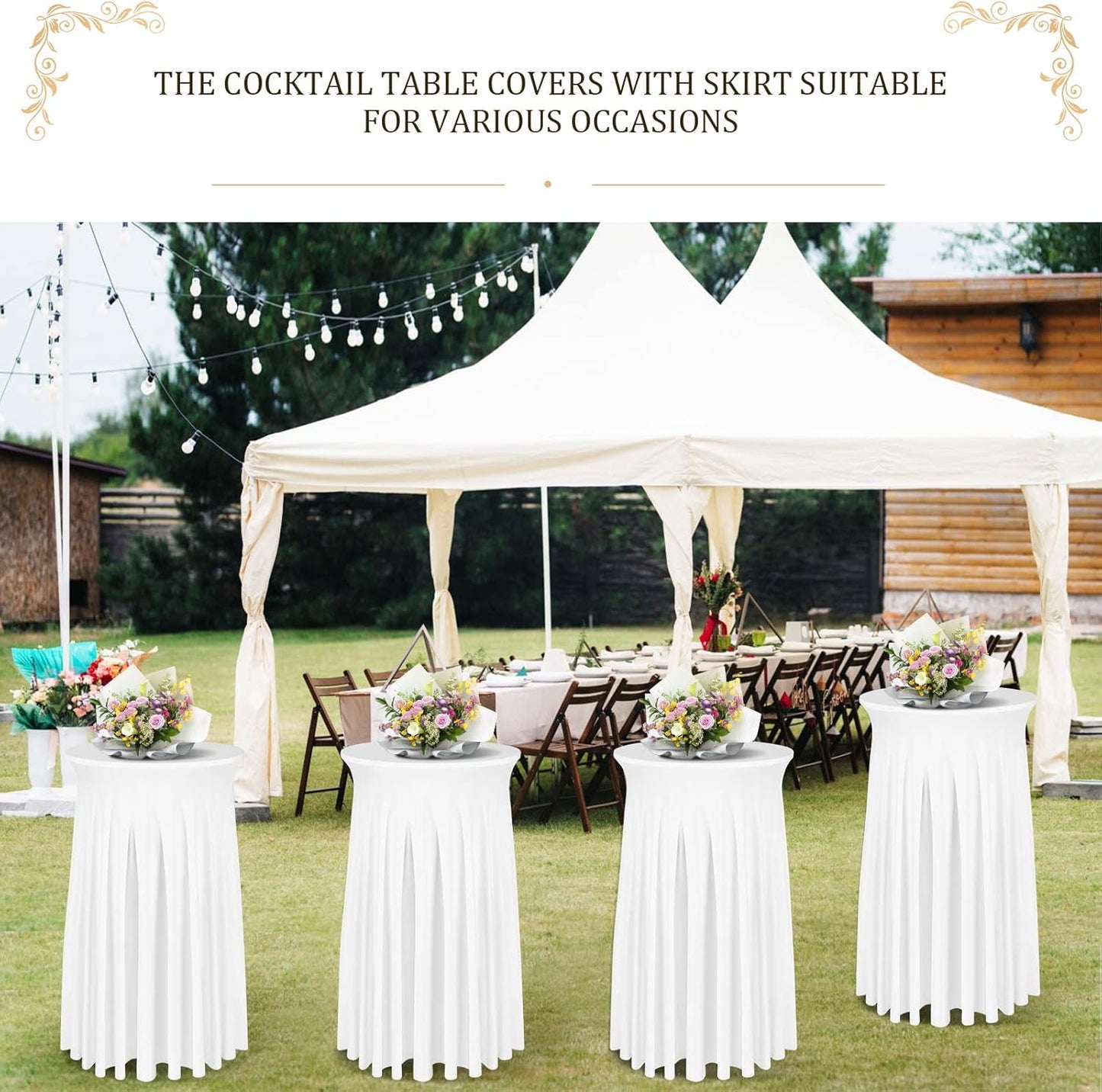 Cocktail Table Covers - 3 Pack 32"x 43" White Cocktail Table Tablecloth with Natural Wavy Round Skirt for Bar Wedding Party Banquet