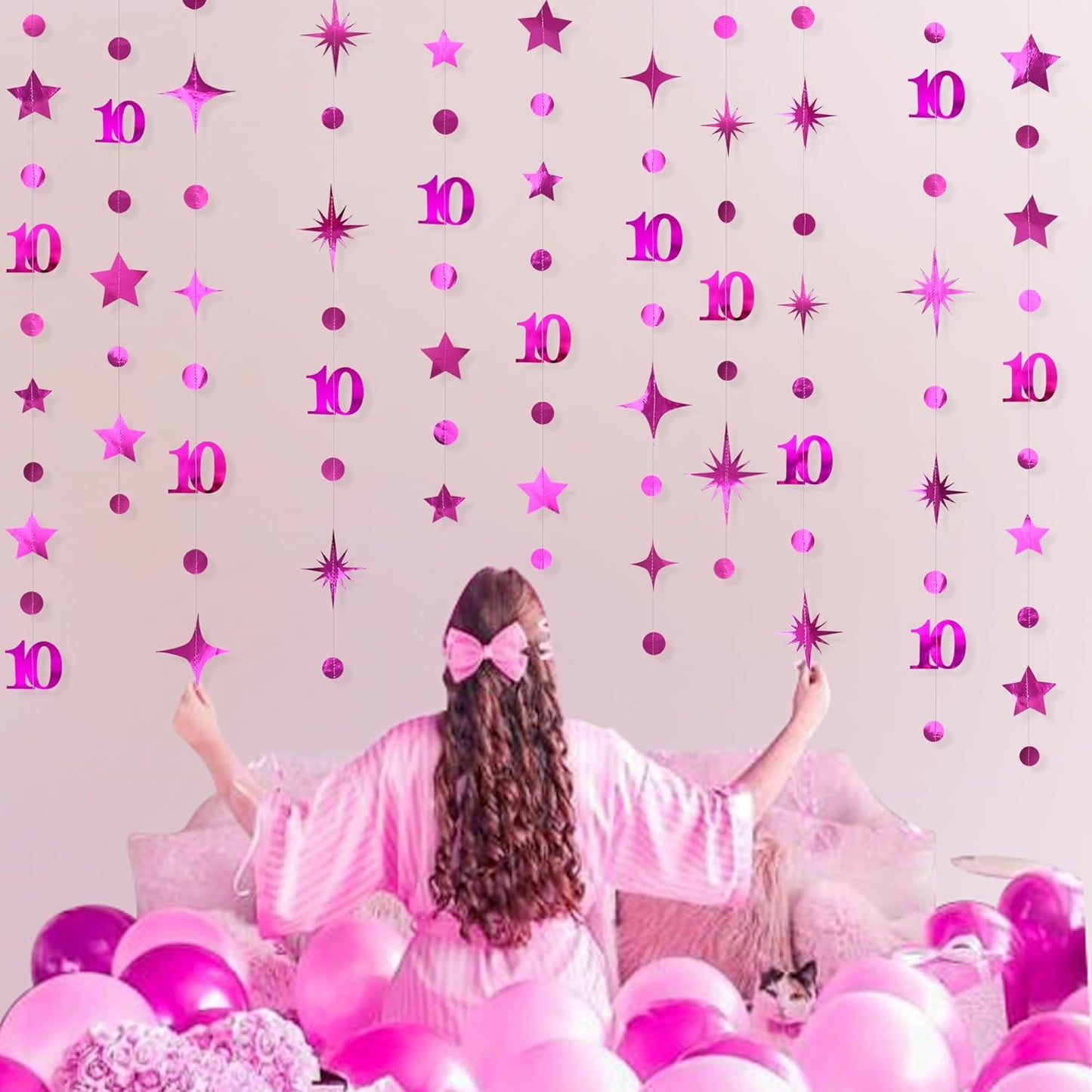Hot Pink 10th Birthday Decorations Number 10 Circle Dot Twinkle Star Garland Metallic Hanging Streamer Banner Backdrop for Girls Double Digits Ten Year Old Birthday 10th Anniversary Party Supplies