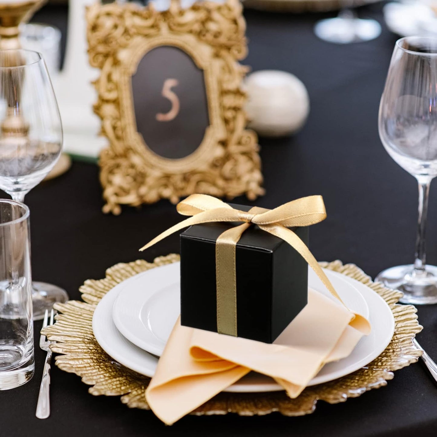 Jutom 100 Pcs Mini Favor Boxes Extra Small Candy Boxes Paper with Gold Ribbon for Christmas Thanksgiving Day Birthday Wedding Anniversary Supplies(2 x 2 x 2 Inch,Black)