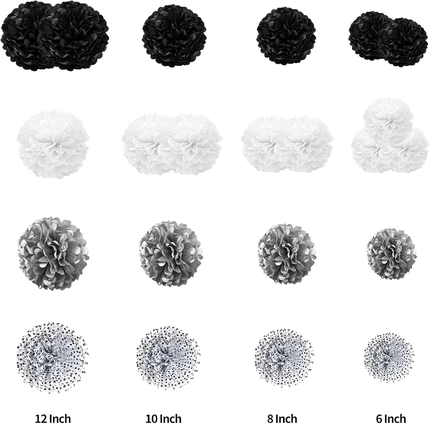 Tissue Paper Pompoms Paper Flower 22 Pcs Black,Silver, Polka Dot, White Paper Flower Ball for Birthday Bachelorette Wedding Baby Shower Bridal Shower Party Decoration (Pack of 2)