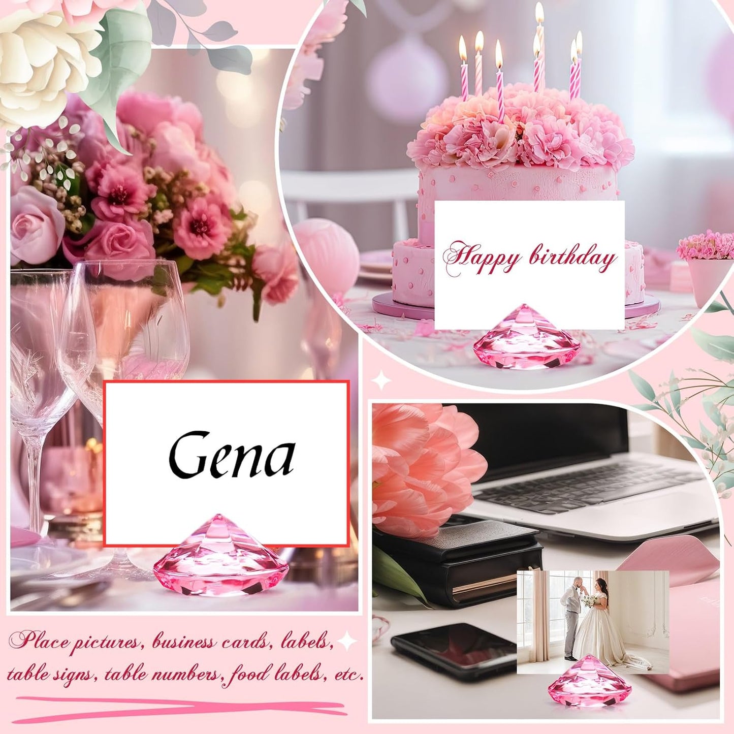 Boao 24 Pack Diamond Place Card Holders Acrylic Table Number Holder Card Stands Crystal Diamond Party Decorations Favor for Weddings Home Table(Pink)