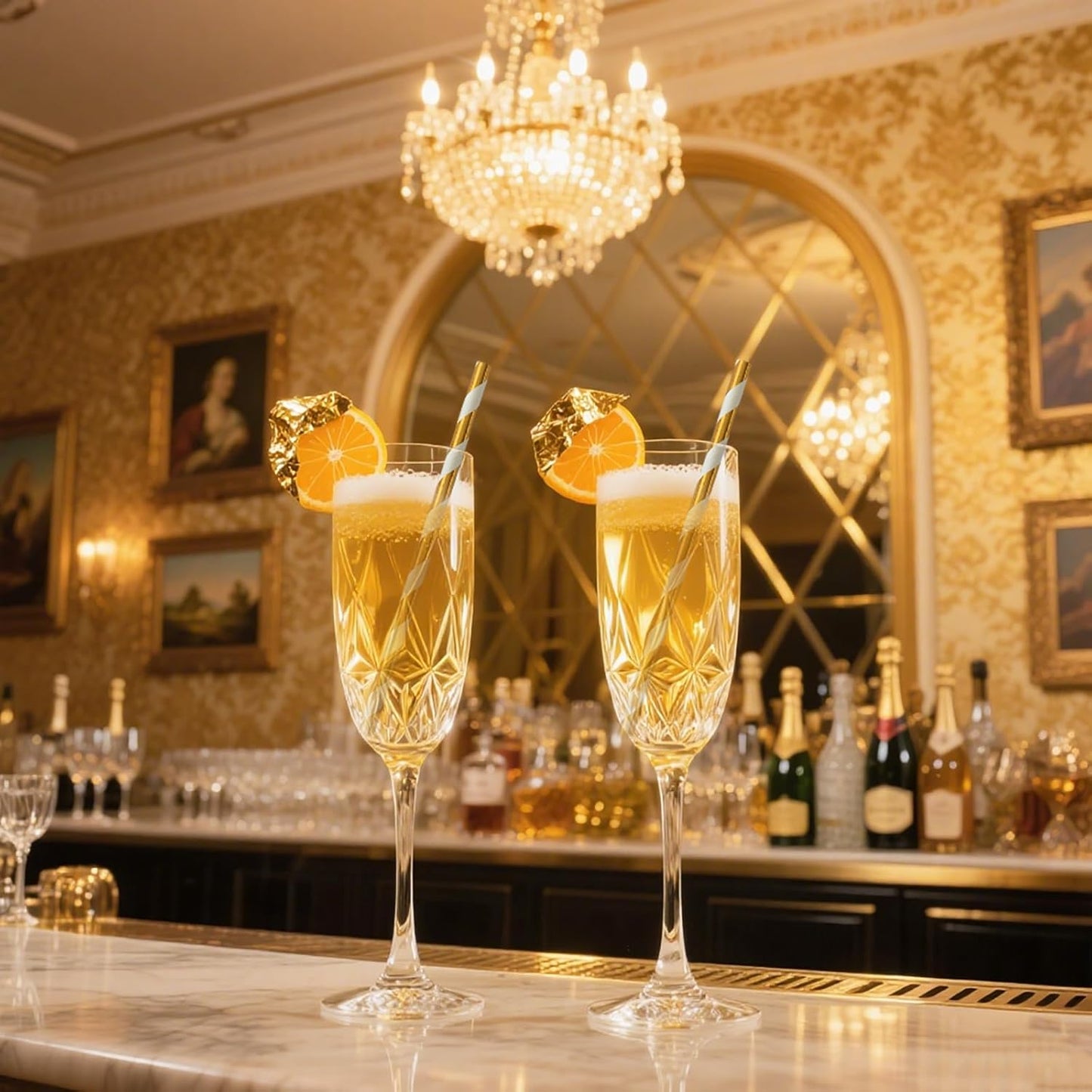 Disposable Gold White Straws - 7.75 Inch Striped Compostable Drinking Straws for Beverages, 100 Pack