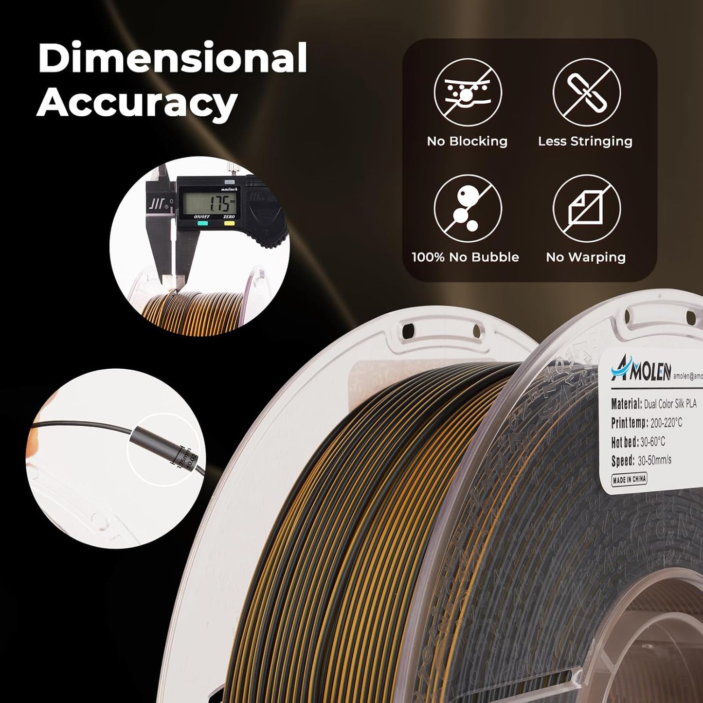 AMOLEN Silk PLA 3D Printer Filament, Dual Color Black Gold PLA 1.75mm, Shiny Color Change Filament 3D Printing PLA Filament for Most FDM 3D Printer, 1kg Spool(2.2lbs)