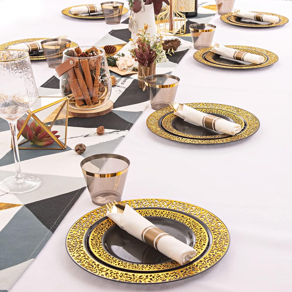 NOCCUR 210pcs Black and Gold Dinnerware Set - Black Disposable Plates and Napkins Party Supplies Include 60 Dinner/Dessert Plates, 30 Prerolled Plastic Cutlery&30 Cups for Party, Birthday, Halloween