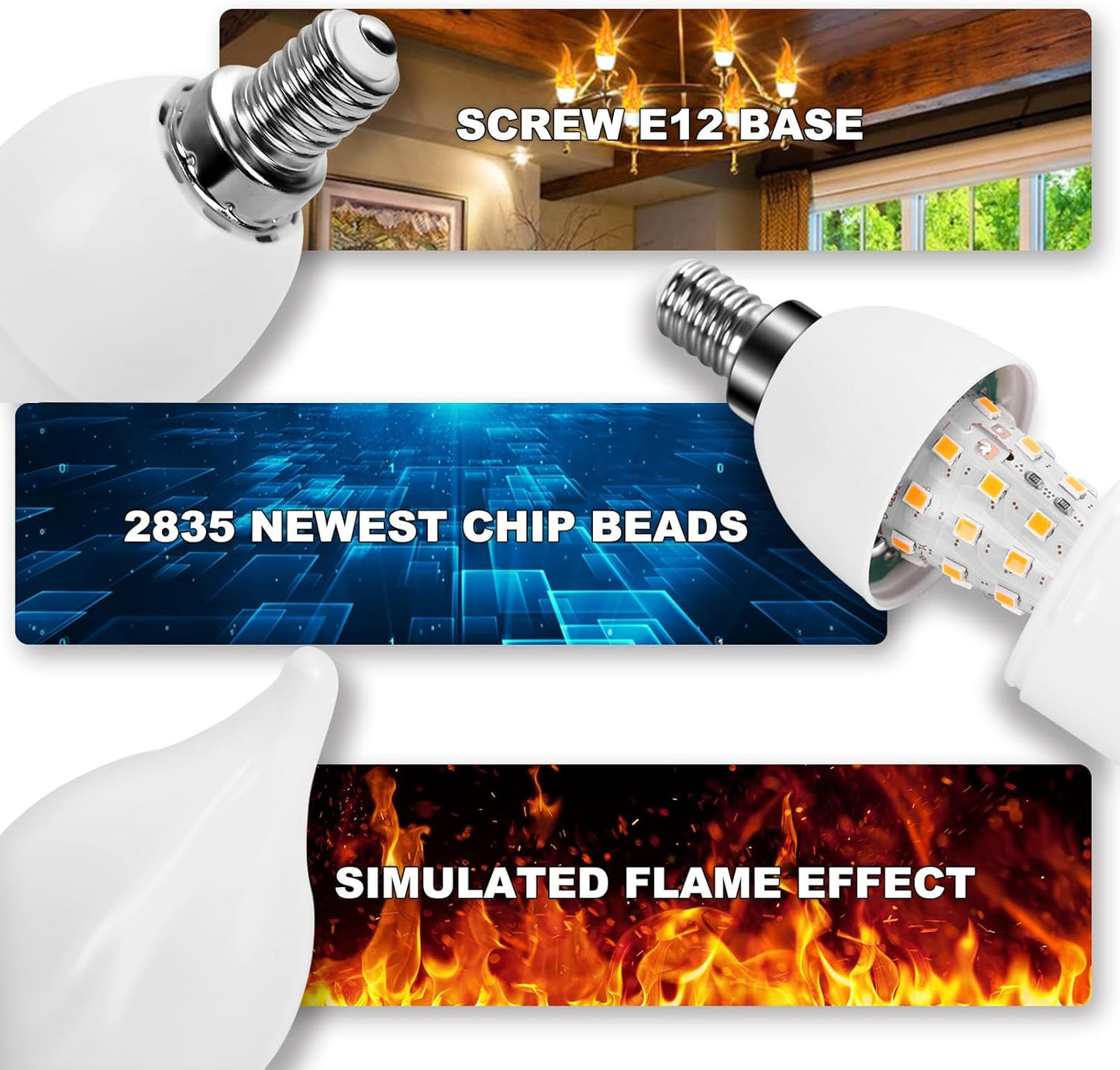 E12 LED Flickering Candelabra Flame Effect Light Bulbs - Upgrade Flicker Candelabra Torch Fire Effect Lights Bulbs for Outdoor Halloween Xmas Holiday Decorations Indoor Lamp (2 Pack)