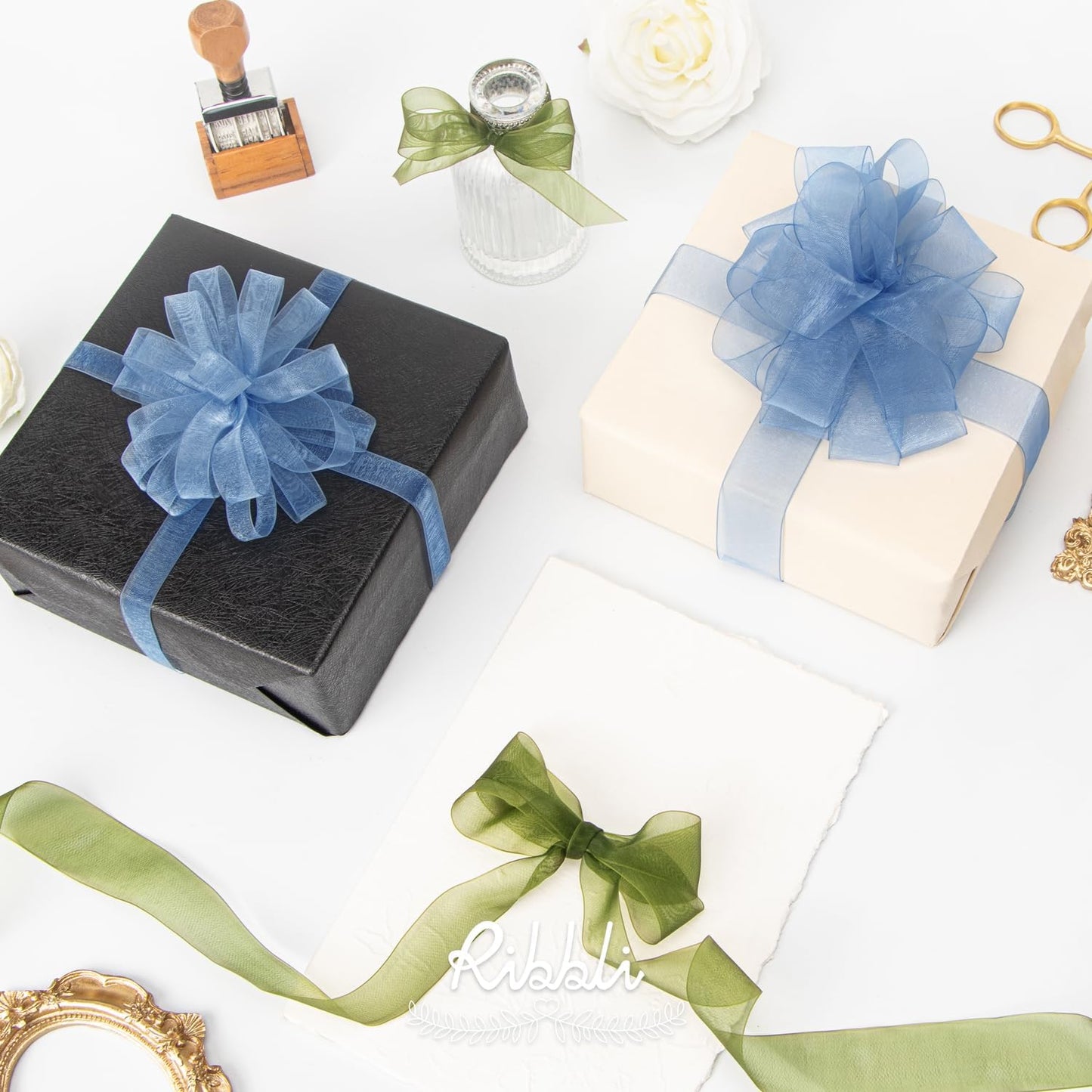 Ribbli Dusty Blue Organza Ribbon 1/2 Inches x Continuous 50 Yard Blue Sheer Ribbon for Gift Wrapping,Cookie Wrapping,Wedding Decoration