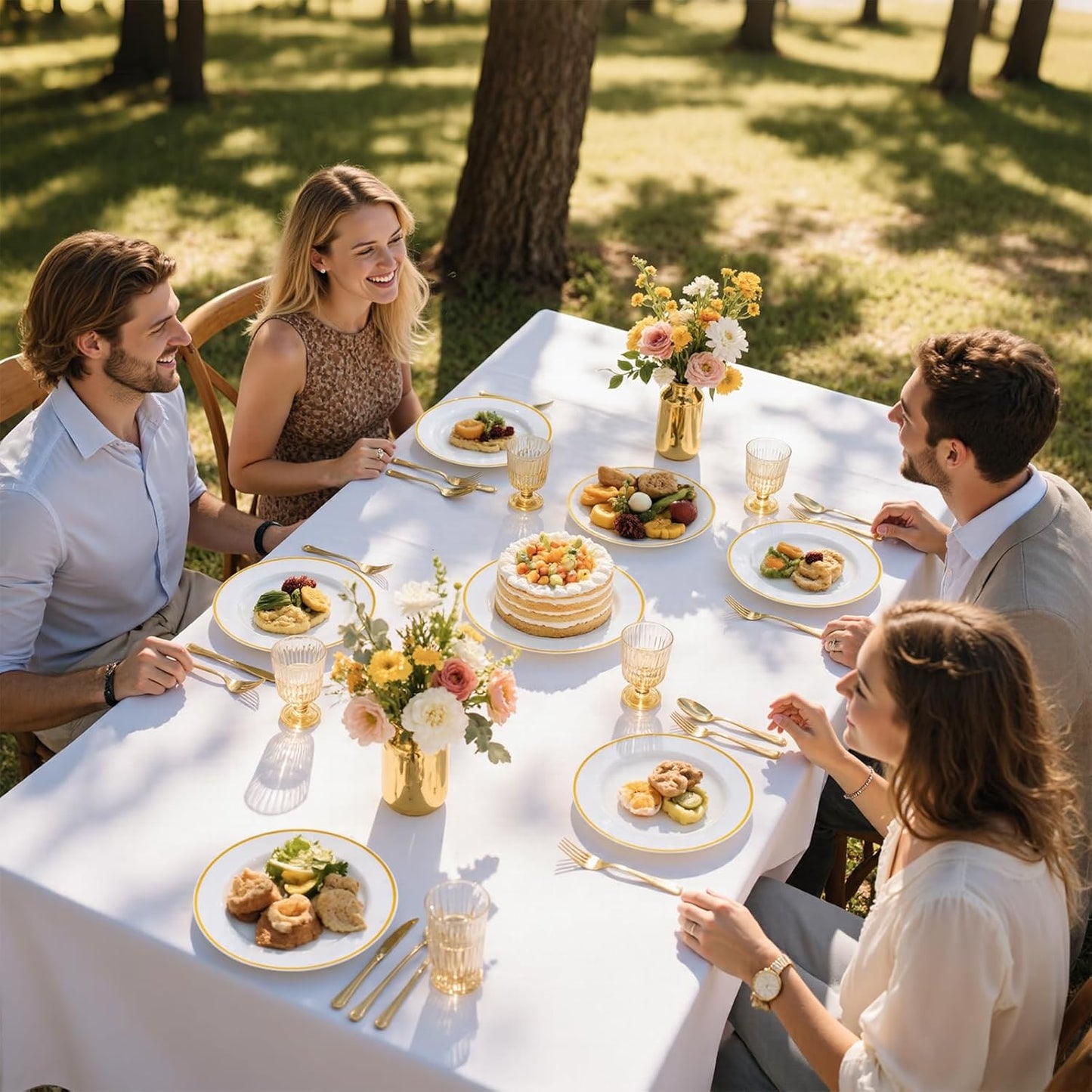 SUT 175 Pcs White and Gold Plastic Plates, Plastic Dinnerware Set for 25 Guests, Disposable Plates and Napkins Party Supplies, Gold Silverware, Plates, Cups and Napkins Sets for Party, Weddings