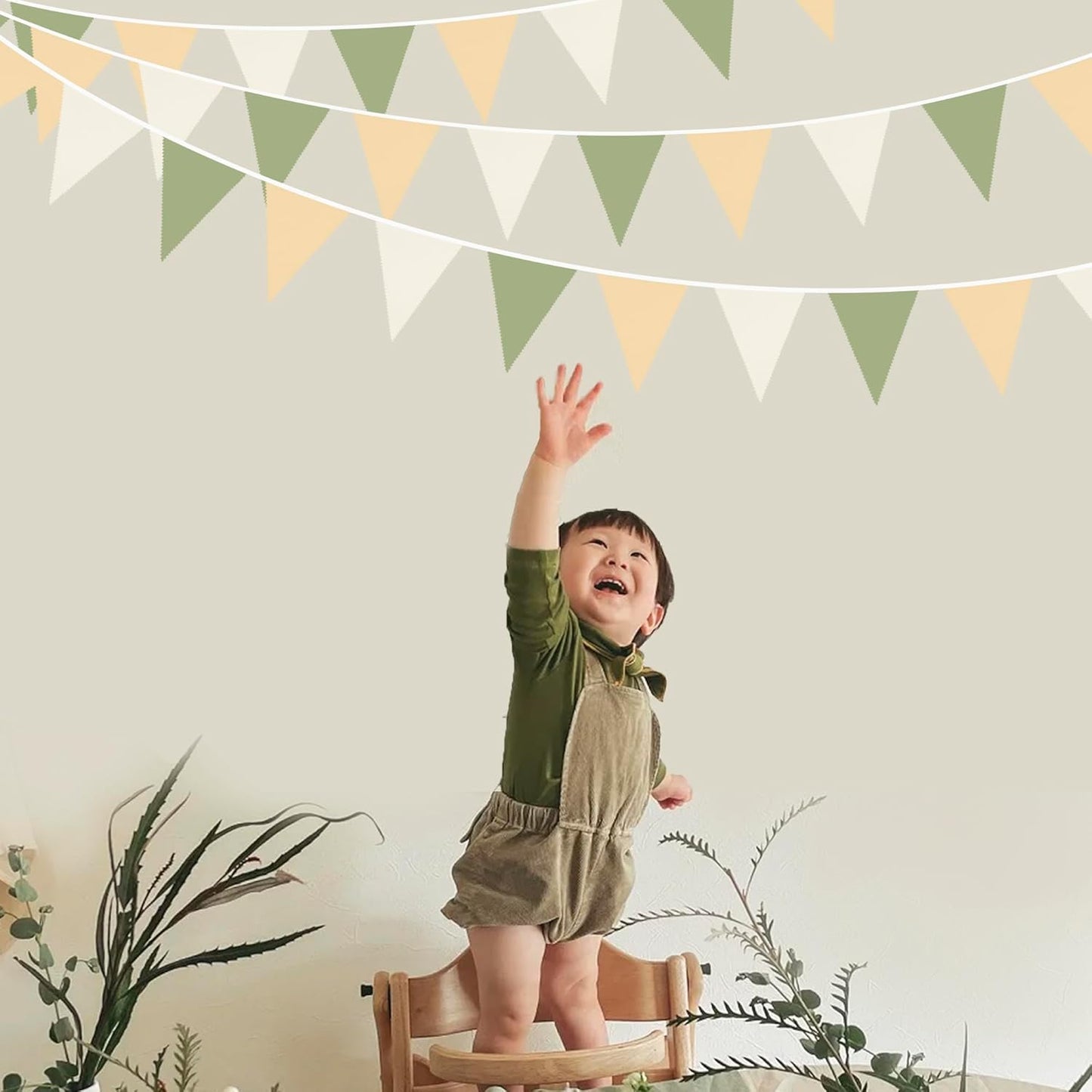 32Ft Camping Party Decorations Olive Green Tan Brown Cream Neutral Triangle Flag Fabric Banner Pennant Garland Streamers for Woodland Birthday Jungle Baby Shower Safari Camper Bachelorette Decor