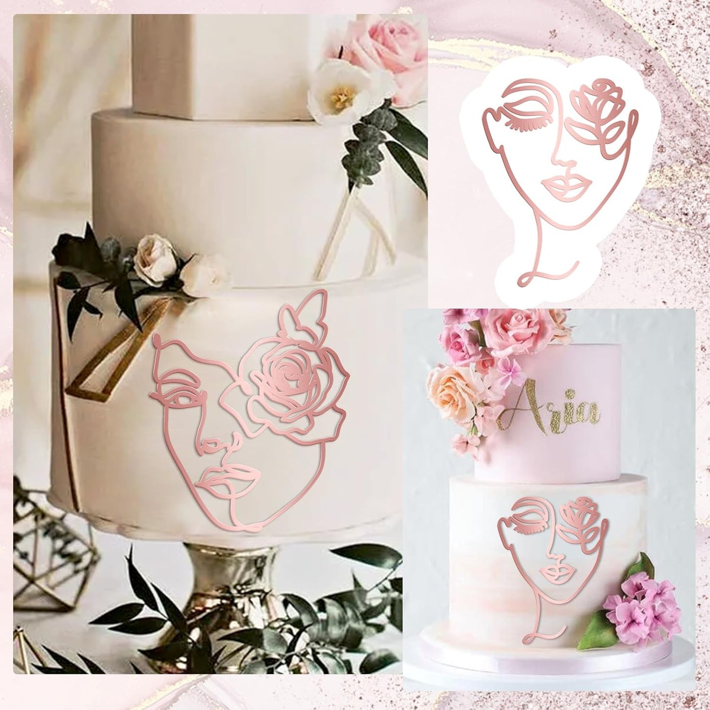 12 Pcs Acrylic Lady Face Cake Topper Minimalist Art Happy Birthday Cake Toppers Women Wedding Cake Decoration for Wedding Birthday Party (Rose gold)