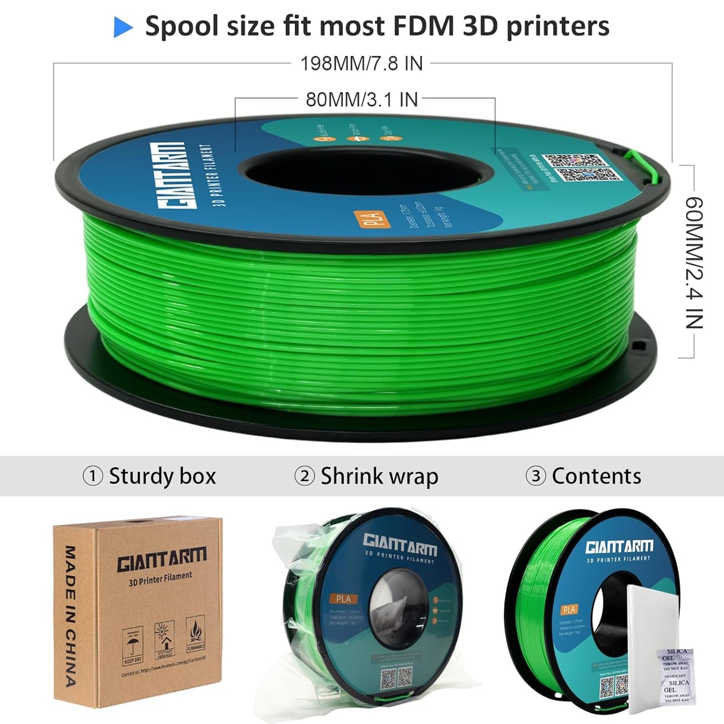 GIANTARM PLA Filament 2KG,Green 3D Printer Filament 1.75mm,Neatly Wound Green PLA 2pcs 1kg Spool (2.2lbs),Dimensional Accuracy +/- 0.02 mm,Fit Most FDM 3D Printers