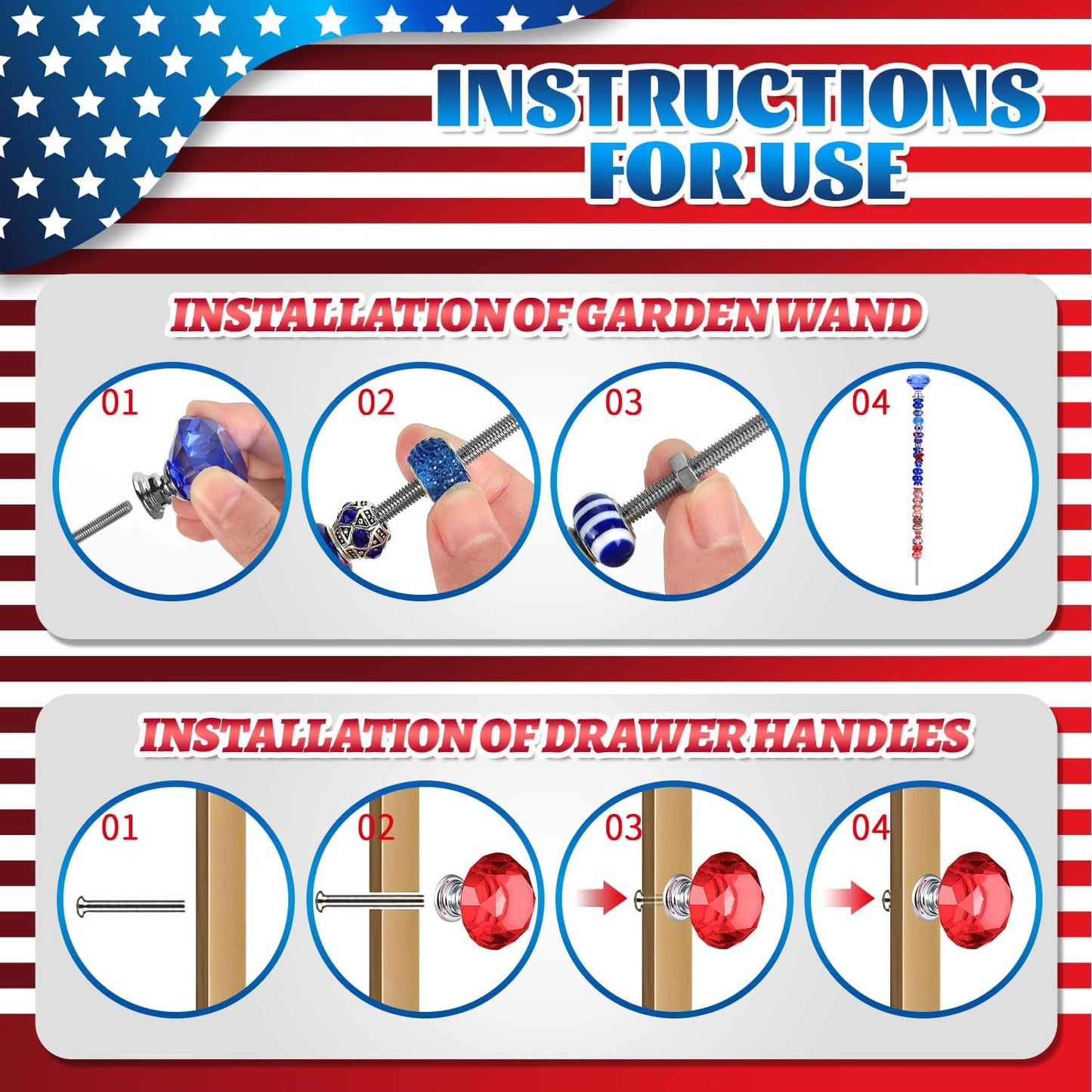 DIY Fairy Wand Garden Beads Stakes Wands Kit,Multiple Color Scheme European Beads Crystal Diamond Tops and 12 or 10 Inch Threaded Rods,Stainless Steel Stakes with Diamond Toppe(Red+White+Blue)