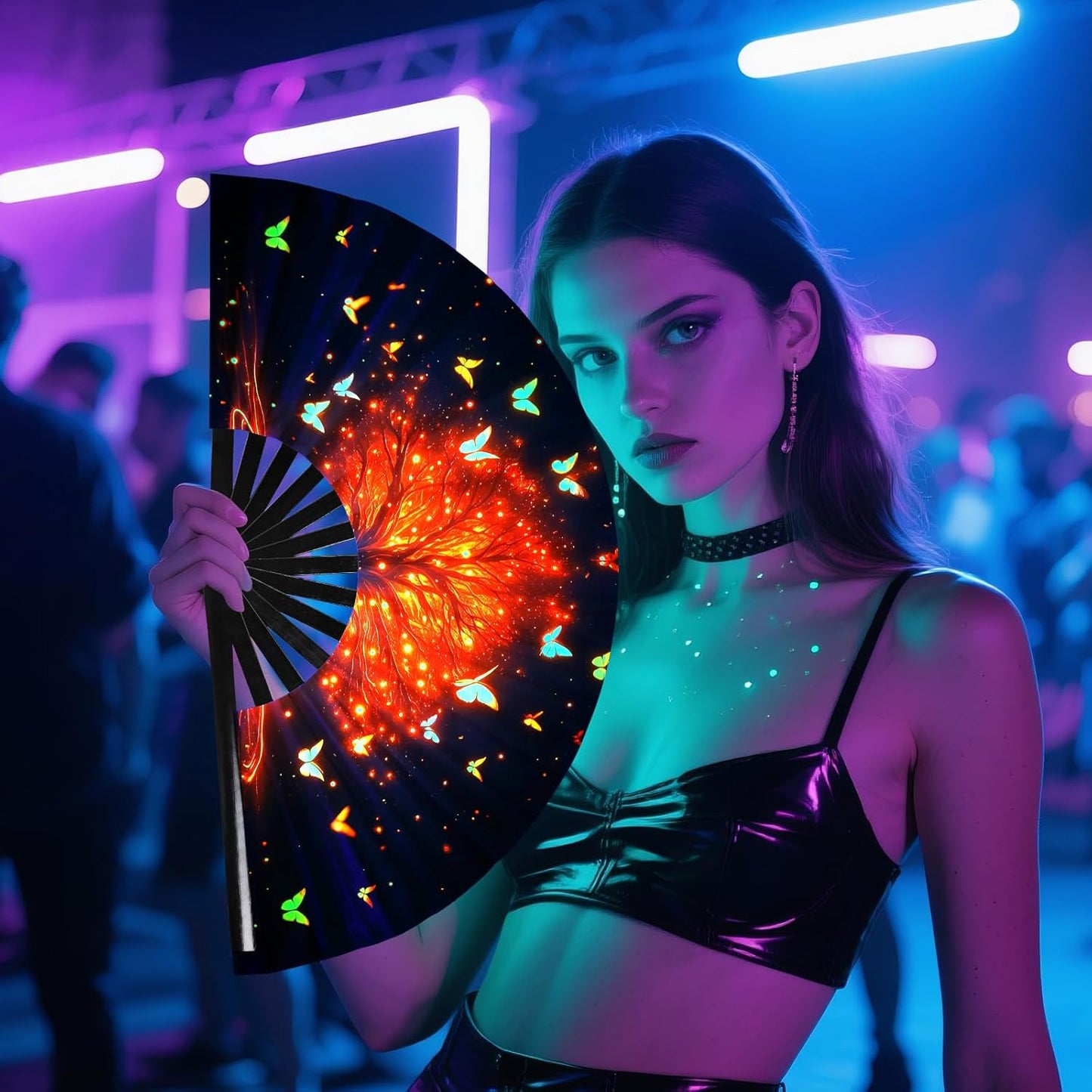 SYNTECSO Folding Hand Fan for Rave, Popping Fan for Line Dancing, Drag Queen, Women and Men Gift,Chinese Japanese UV Glow Clack Fan for Parties, Music Festivals, EDM and Decoration