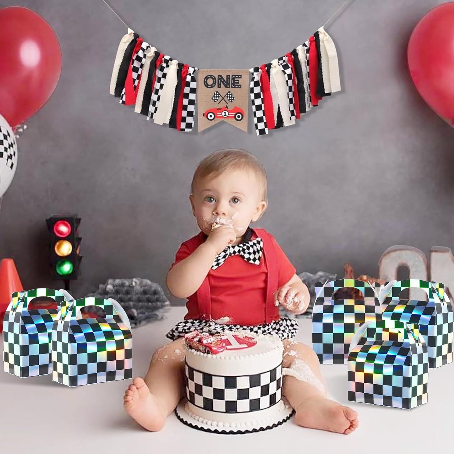 24 Pcs Iridescent Checkered Race Car Party Favor Gable Boxes, Paper Black and Iridescent Car Goodie Treat Boxes, Racecar Laser Plaid Gift Box for Kids Fast Race Cars Birthday Party Decorations