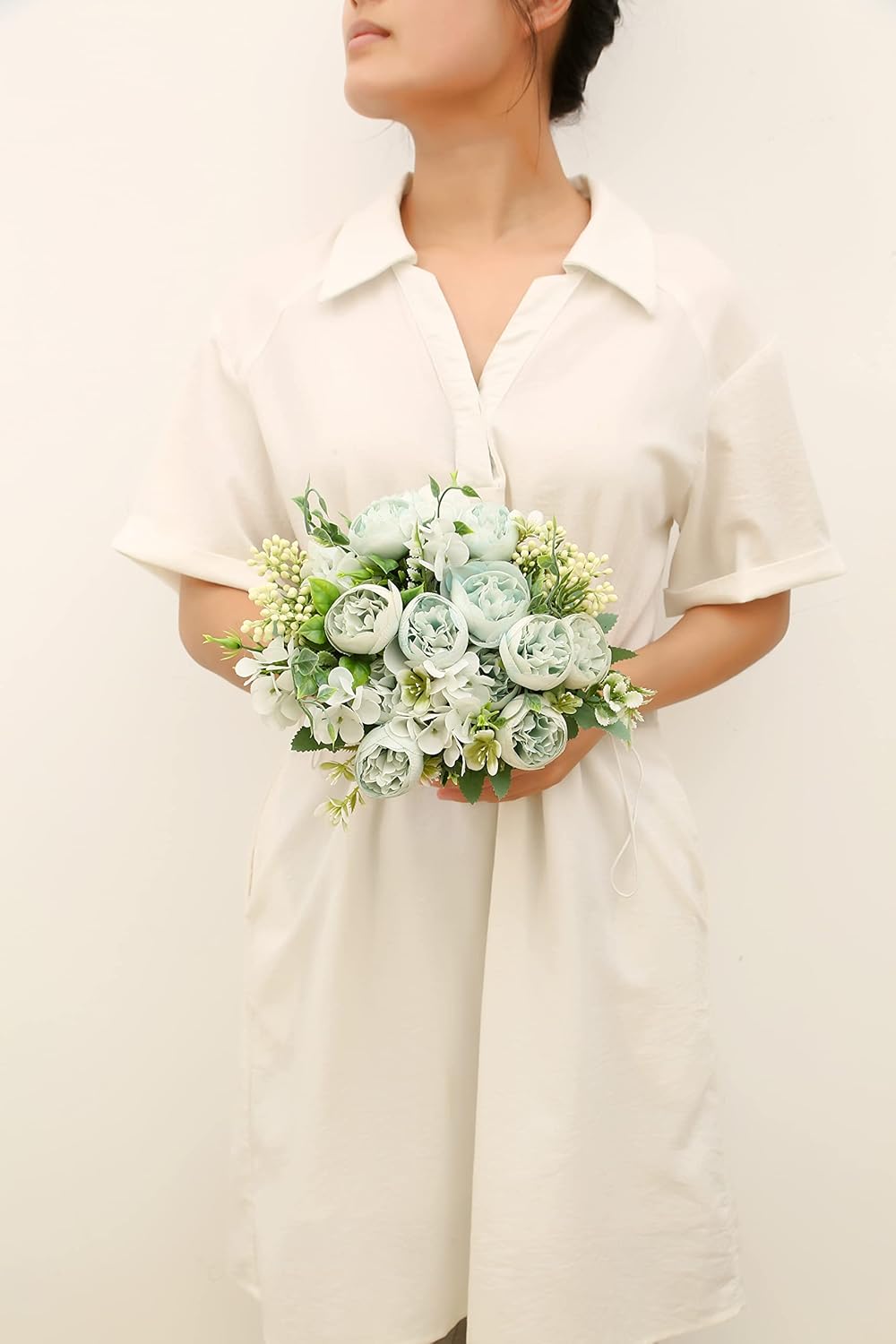 Artificial Flowers Fake Peony Silk Mini Plastic Bridal Flowers for DIY Wedding Bouquets Home Decorations 2 Packs(Light Blue)