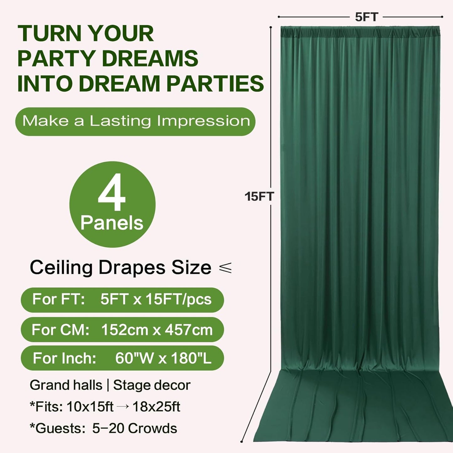 PartyVillage 20ft×15ft Forest Green Backdrop Curtain for Wedding Parties, 4 Panels Wrinkle Free 15 FT Long Polyester Photo Backdrop Drapes Back Drop Cloth for Birthday Photography Background