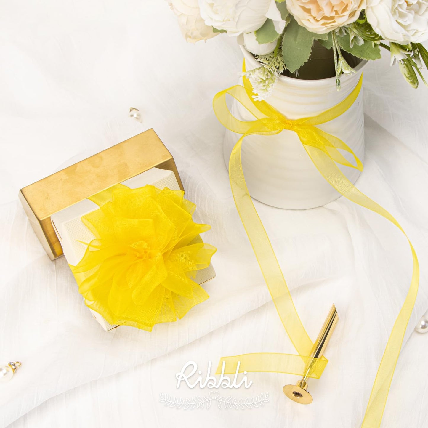 Ribbli Daffodil Yellow Organza Ribbon,1 Inches x Continuous 50 Yard,Yellow Sheer Ribbon for Gift Wrapping,Cookie Wrapping,Wedding Decoration,All Crafting and Sewing