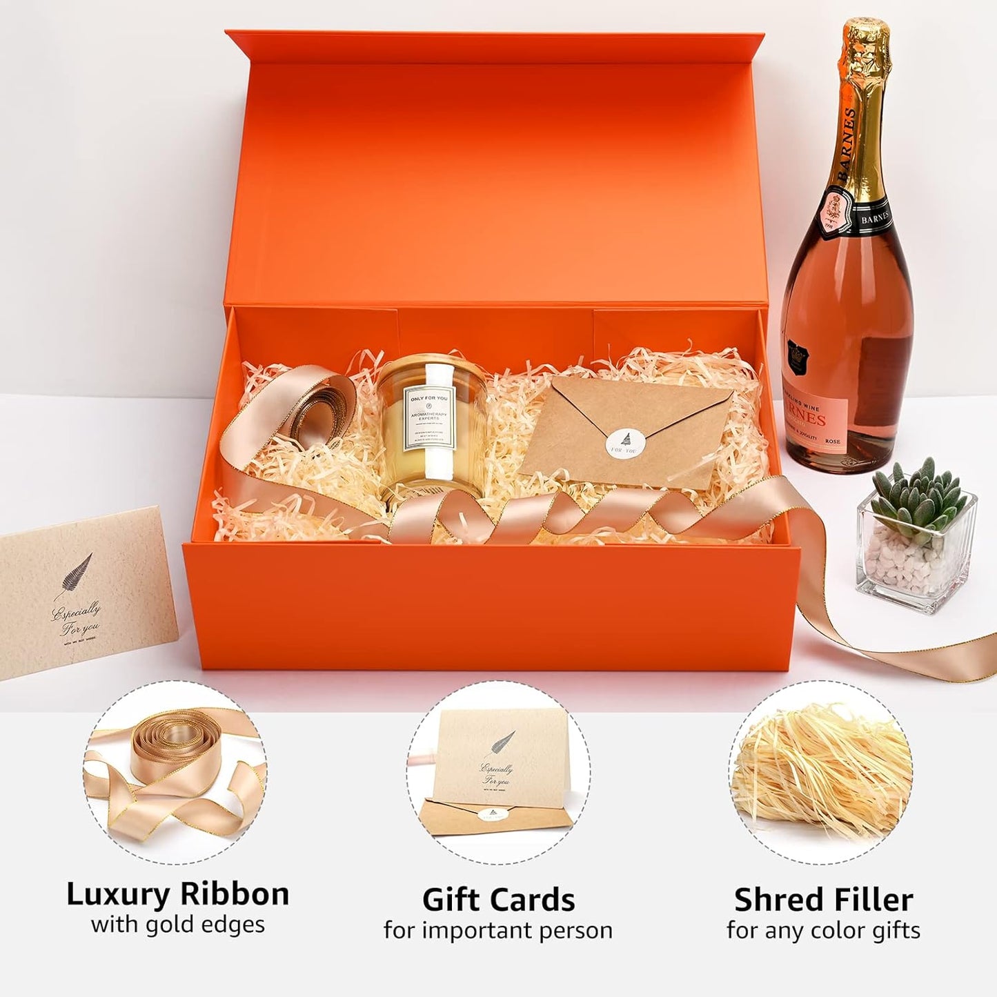 LIFELUM Gift Boxes Bulk, 13.85 x 8.35 x 4.45 inch 1 Pack Orange Gift Boxes with Lids Contains Card, Ribbon, Shredded Paper Filler Gift Boxes for Birthdays, Baby Shower, Bridal Gifts,Weddings