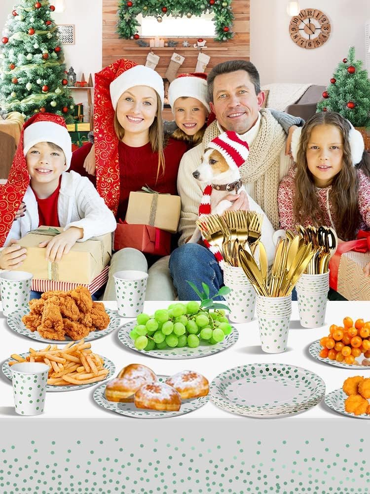 141 Pieces Green Dots Party Supplies, Party Dinnerware Sets Include Paper Plates Napkins Cups Silverware, for Wedding Bridal Shower Engagement Birthday Parties Decoration -20 Serves