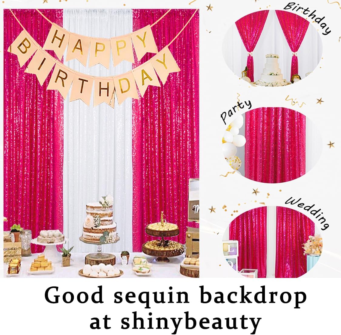 ShinyBeauty Hot Pink Sequin Glitter Photography Backdrop Curtain 4ft x10ft - 4-Panel Reusable Party Wedding Birthday Photo Booth Background Decor (Sparkling Event Backdrop)