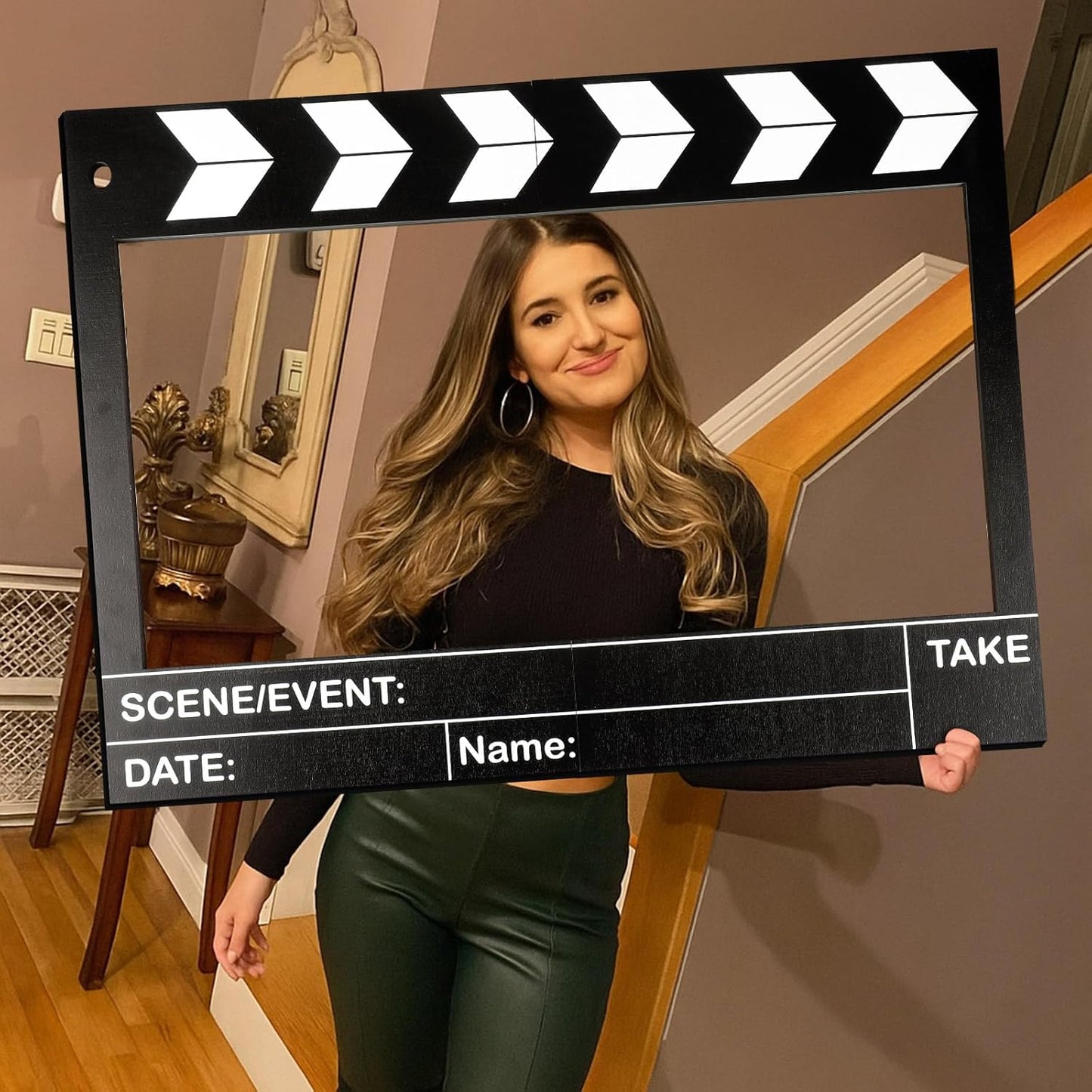 Large Wooden Movie Night Party Decorations, Movie Night Photo Booth Props, 25.59 x 15.75 Inch Photo Frame Film Theme Clapper Wooden Board for Birthday Party Supplies