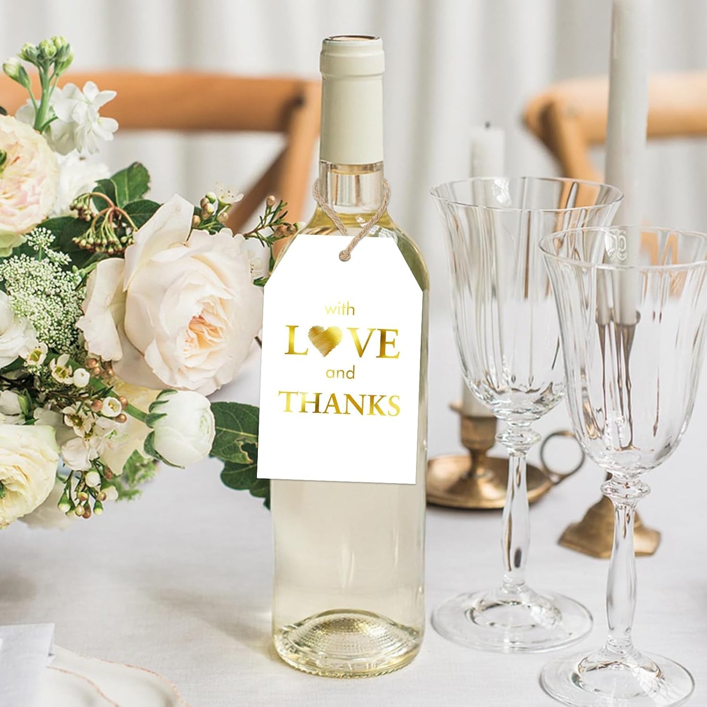 joycraft 50PCS Gold Foil Thank You Tags with String – White Gift Wrapping Hangtags, Paper Hang Tags for Wedding, Baby Shower, for Guests, Favor Hangtags