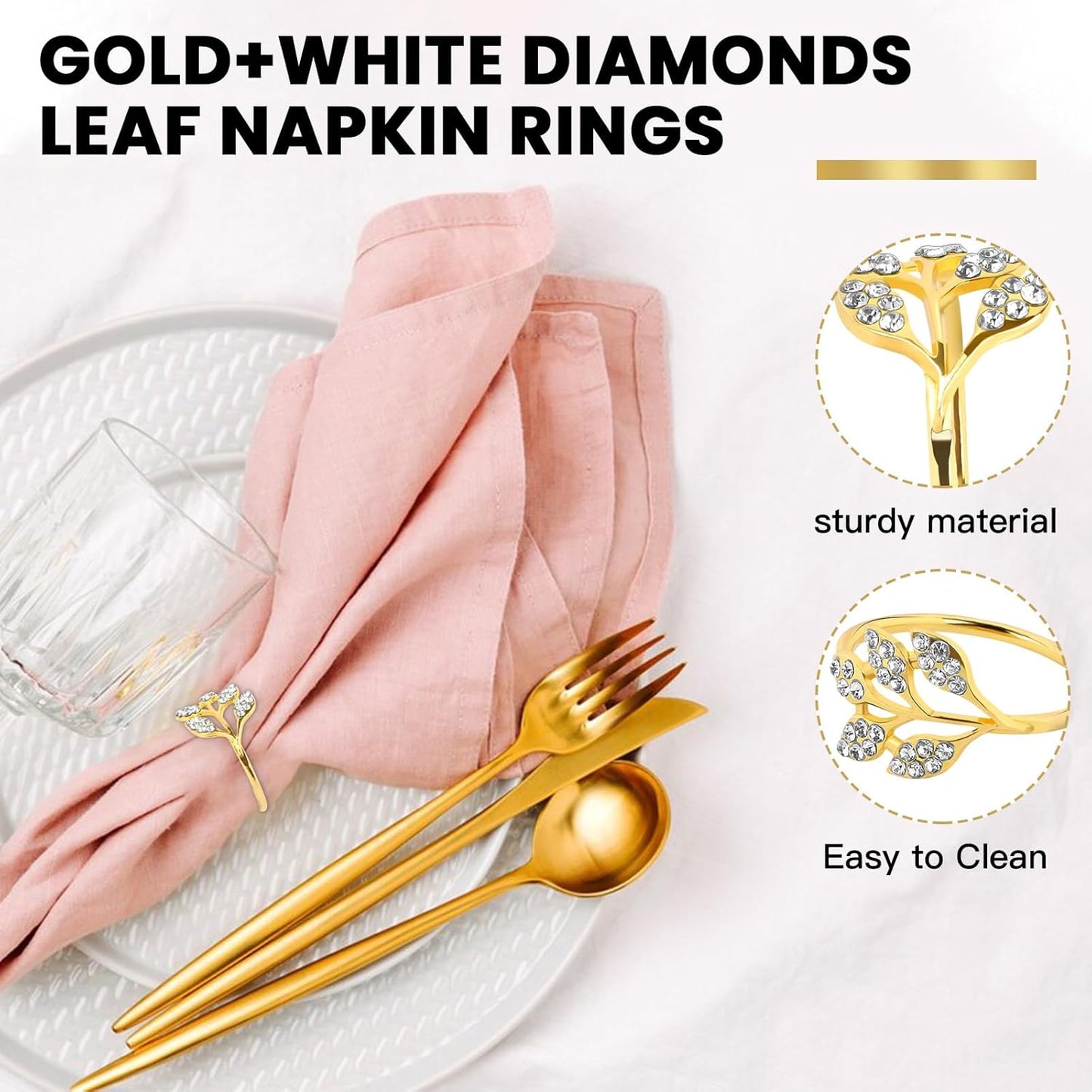 Gold Napkin Rings Set of 10,Napkin Rings Holder Buckles,Thanksgiving Christmas Napkin Ring Alloy Leaf Diamonds Napkin Ring for Dining Table Decor Wedding,Dinner Party Decorations White Diamonds 10pcs