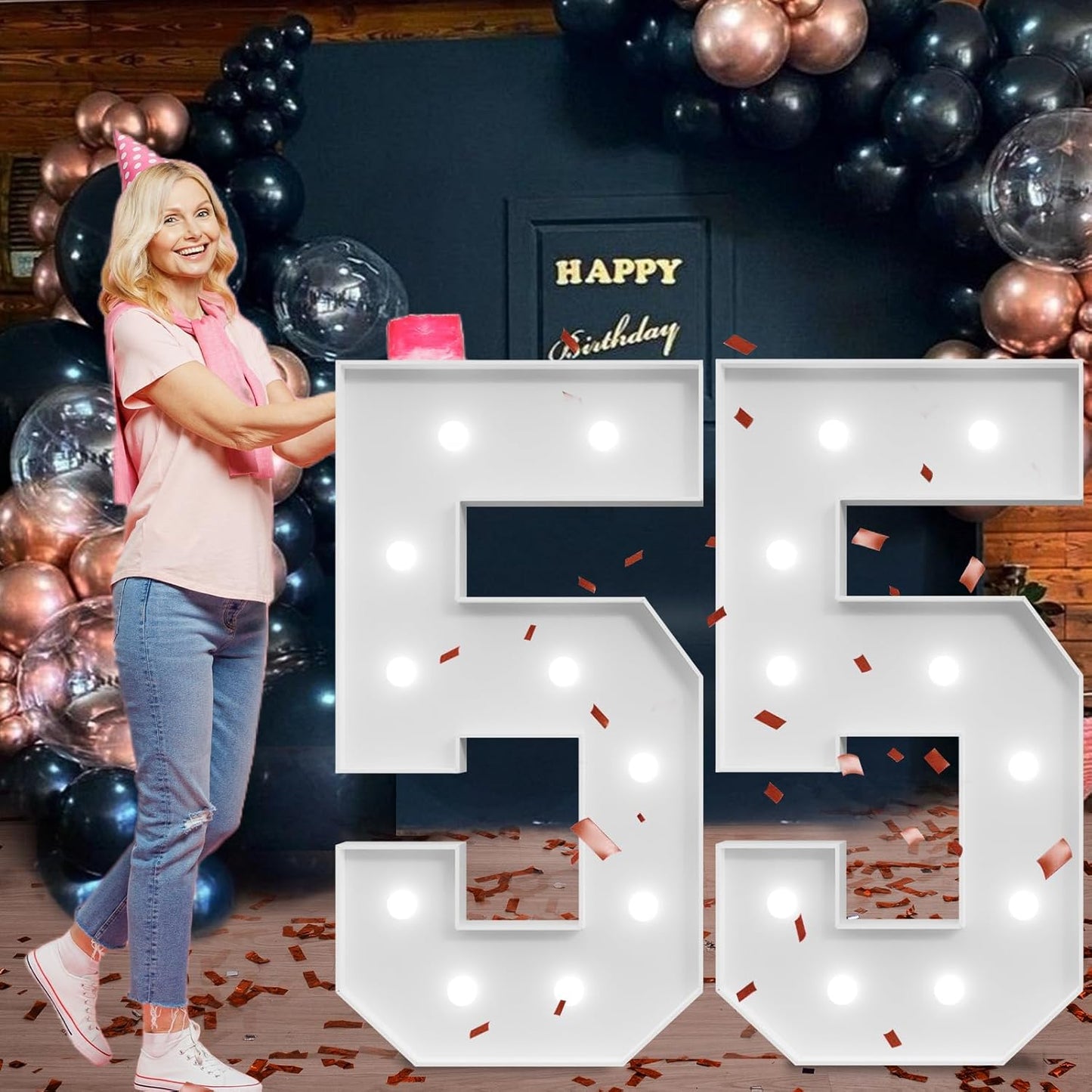 imprsv Marquee Numbers Large 55th-Birthday Decorations: 4ft Light Up Number Party Decor 55 Year Old Women and Men Birthday Decoration Backdrop Anniversary Cardboard Big Mosaic Balloon Frame Number 55