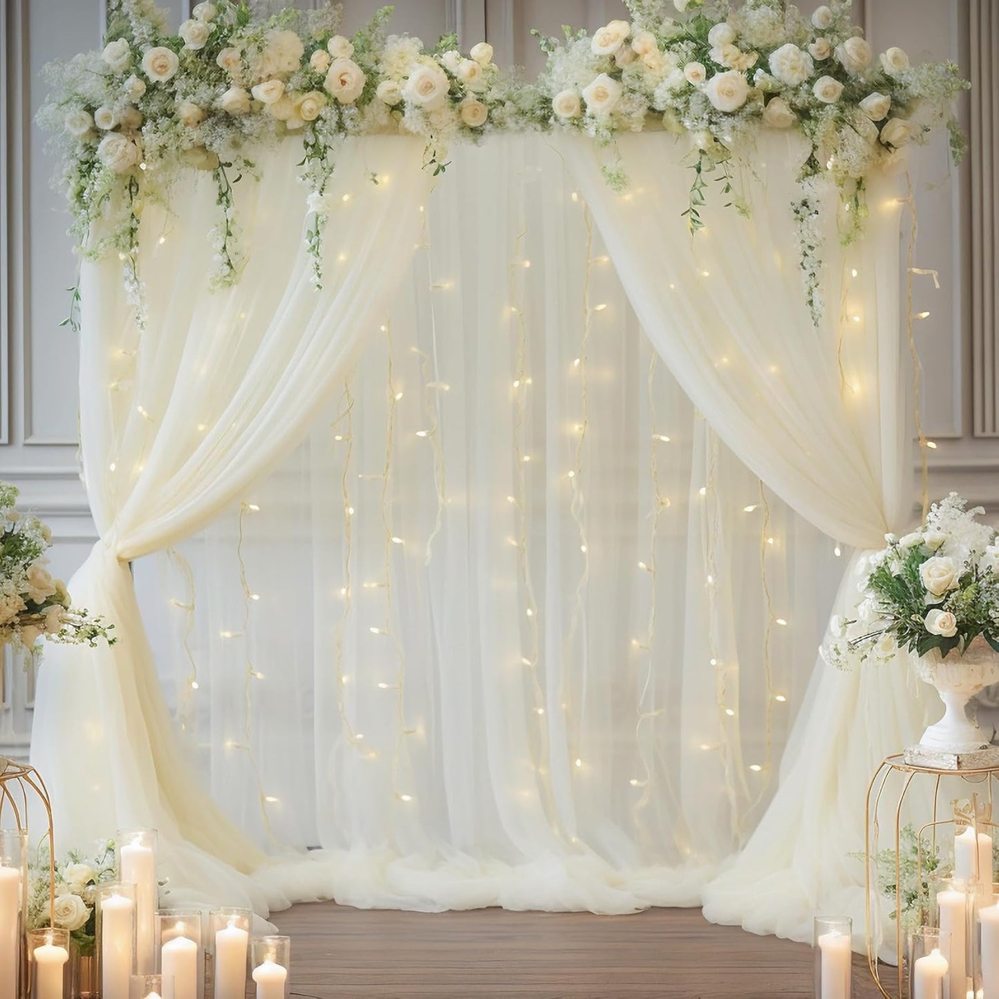 20×10ft Cream White Tulle Backdrop Curtain with Lights String for Parites, Sheer Curtain Backdrop Drapes for Wedding Party Home Decorations