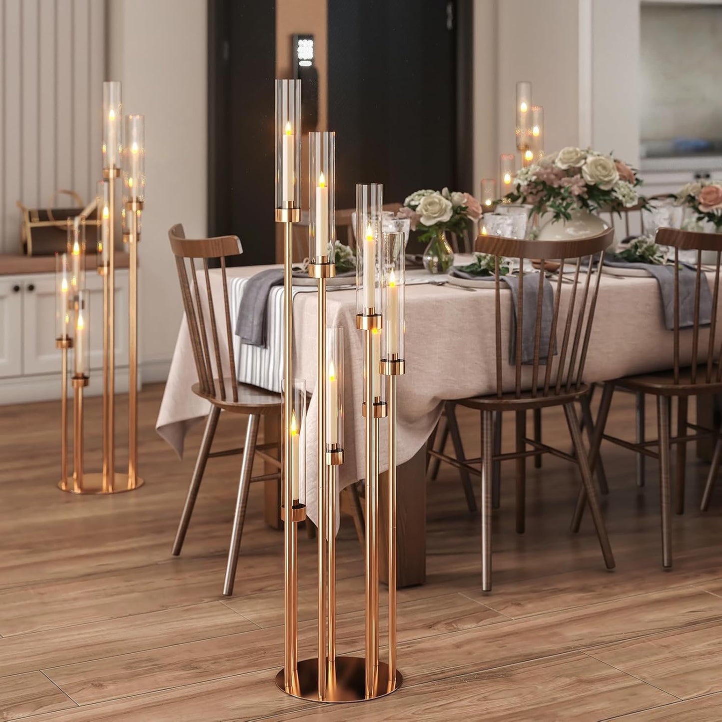 46.5'' Floor Candelabra 7 Arms Floor Candle Holders for Wedding Gold Candle Sticks Holder Decor Metal Candlestick Set with Acrylic Lampshades for Home Party (7 arm Round 46.5in)