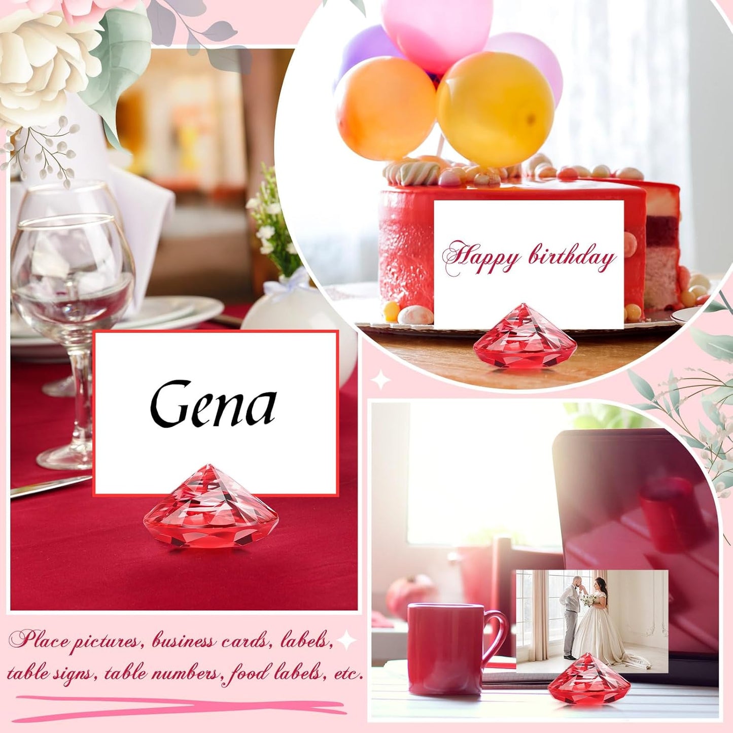 Boao 24 Pack Diamond Place Card Holders Acrylic Table Number Holder Card Stands Crystal Diamond Party Decorations Favor for Weddings Home Table(Red)