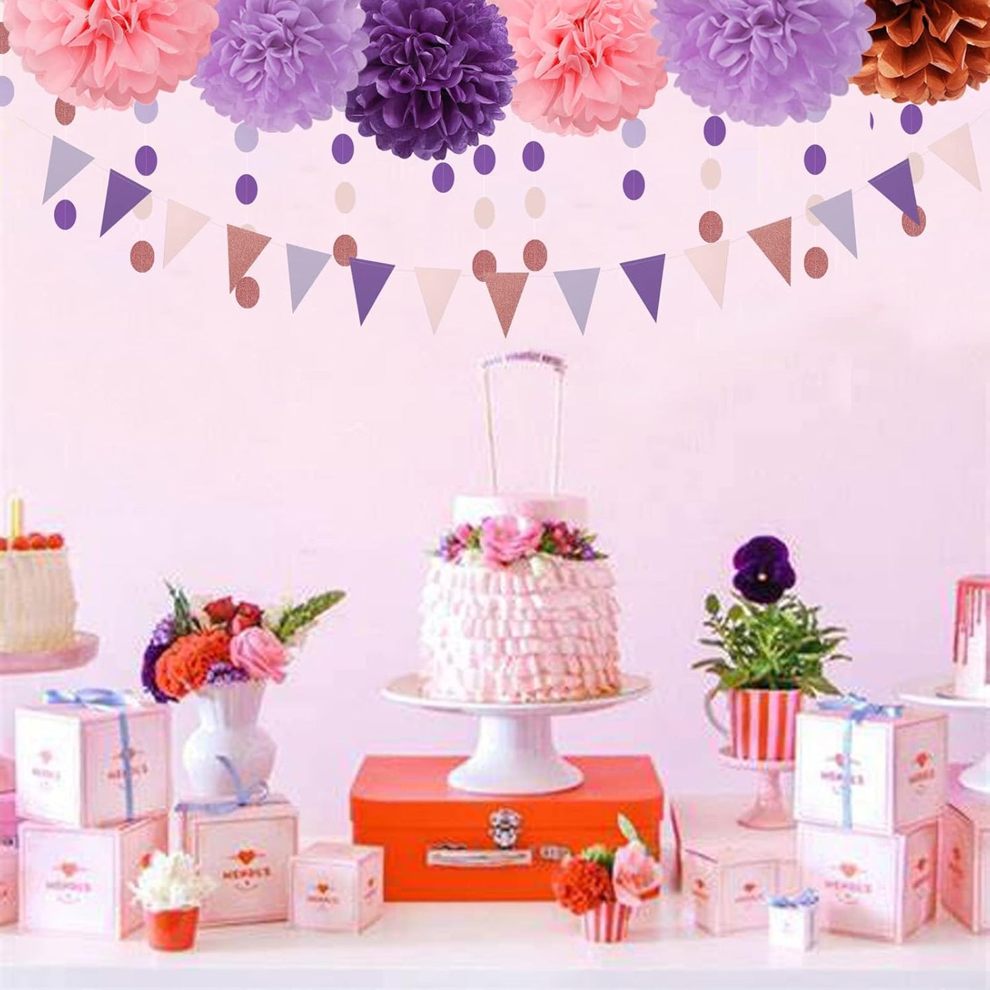 Rose-Gold Pink Purple Party Decorations - 30pcs Tissue Pom Poms Streamers,Baby Shower Decorations Girl Women Birthday Tassel Garland Banner,Bachelorette Wedding Engagement Decor Lasting Surprise