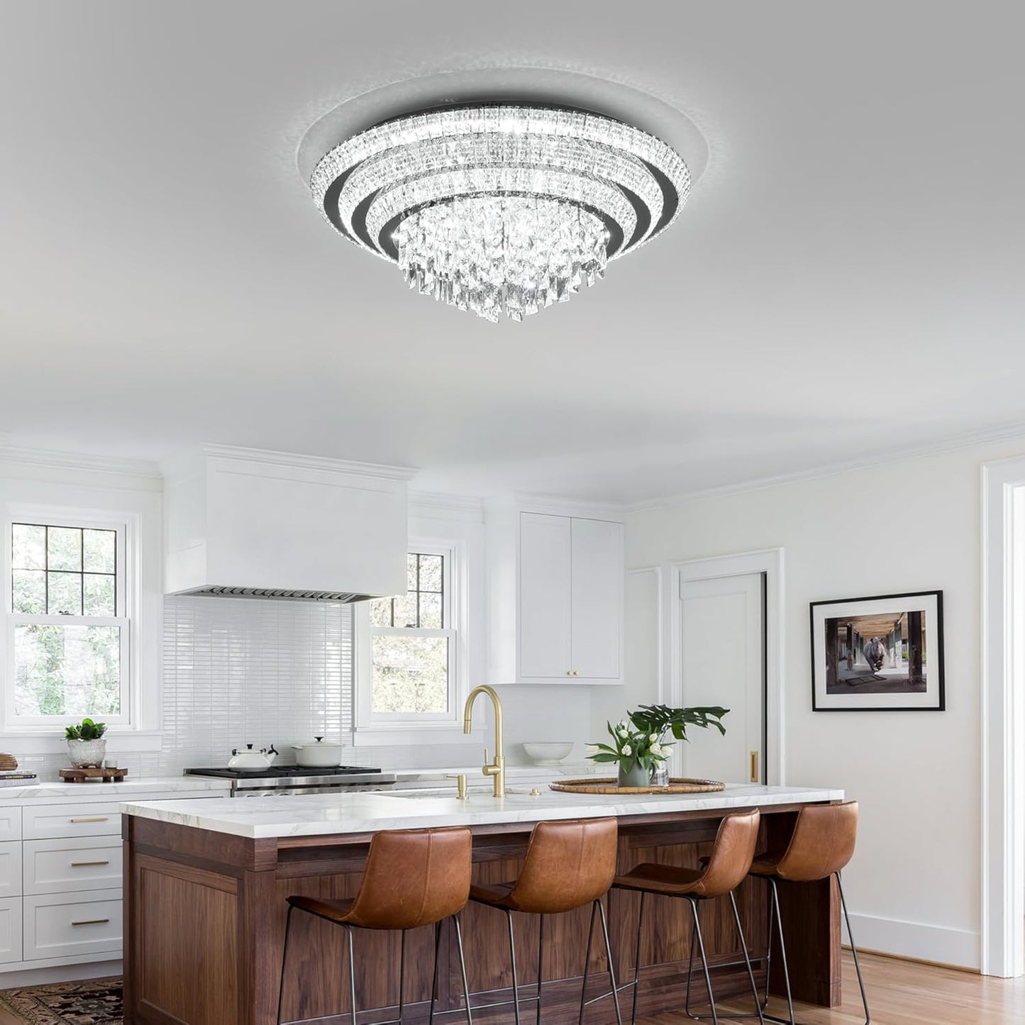 30 inch Crystal Silver Ceiling-Light Flush Mount with Remote Control and APP, 3CCT Dimmable & Brightness Adjustable, Modern Crystal Raindrop Chandeliers for Bedroom Hallway Dinning Room Living Room